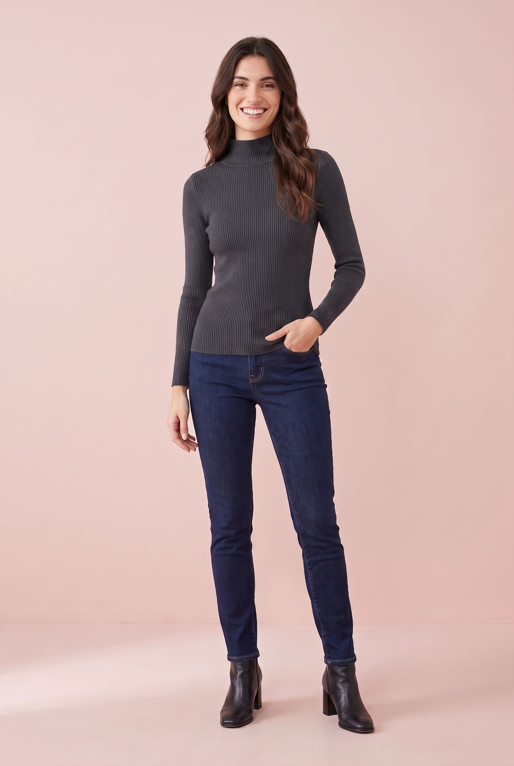 MIRANDA Fine Knit Funnel Neck Jumper in dark grey