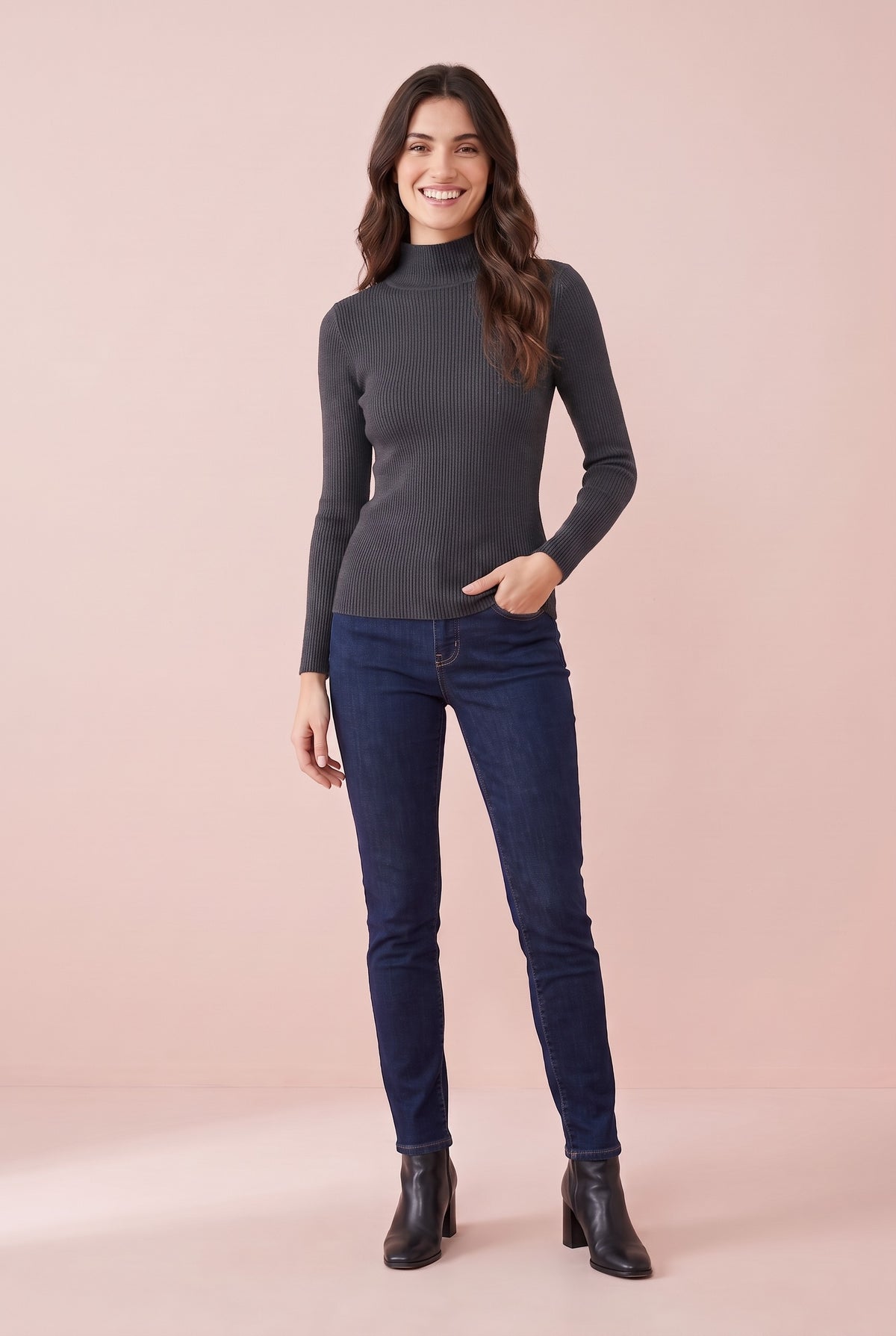 MIRANDA Fine Knit Funnel Neck Jumper in dark grey