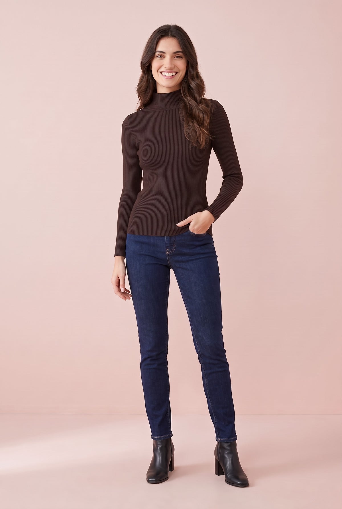 MIRANDA Fine Knit Funnel Neck Jumper in dark brown