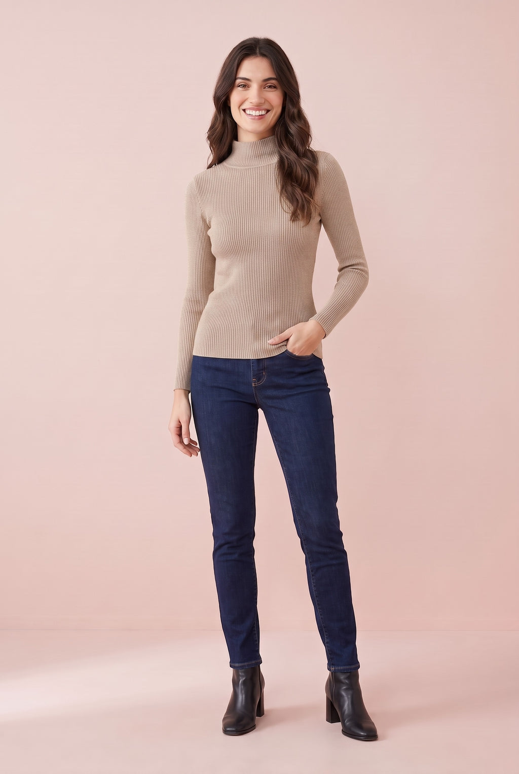 MIRANDA Fine Knit Funnel Neck Jumper in beige