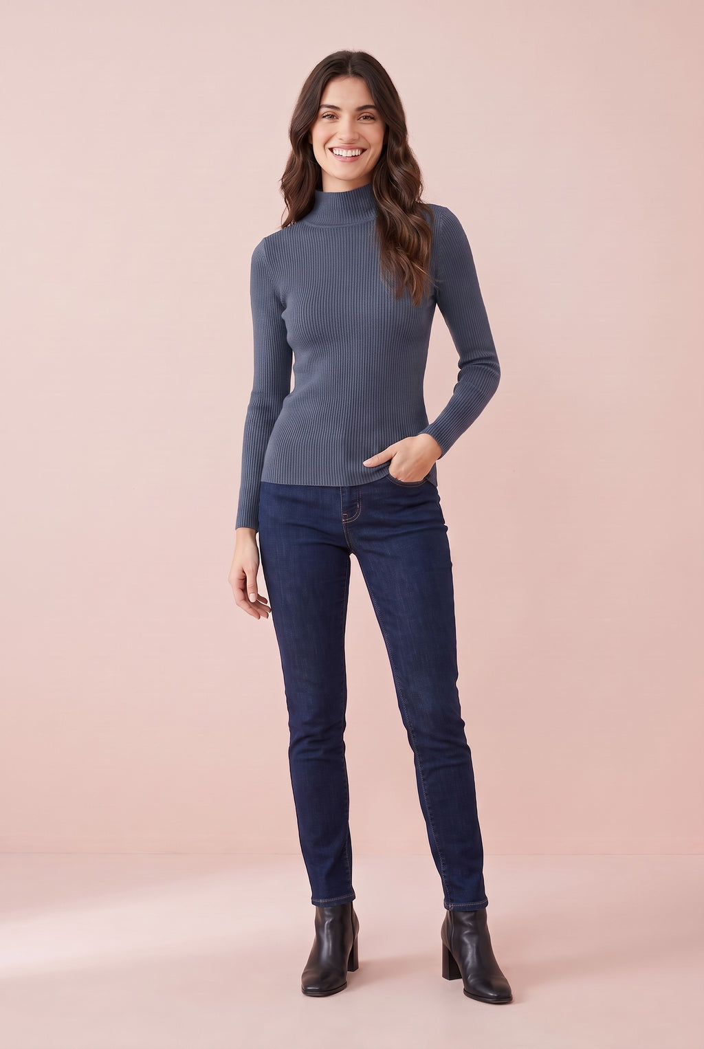 MIRANDA Fine Knit Funnel Neck Jumper in blue grey