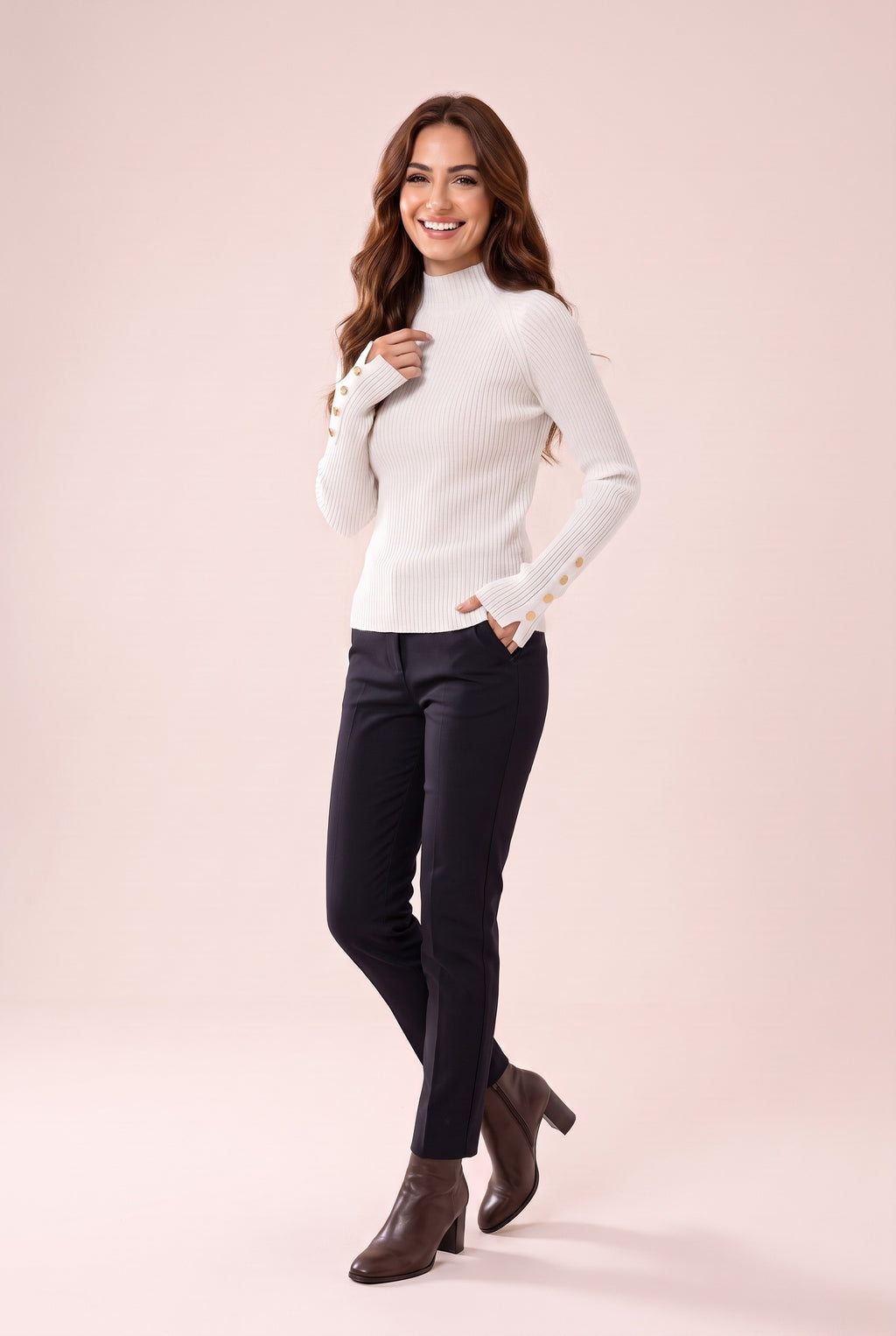 MONICA Fitted Ribbed Funnel Neck Jumper in white, front
