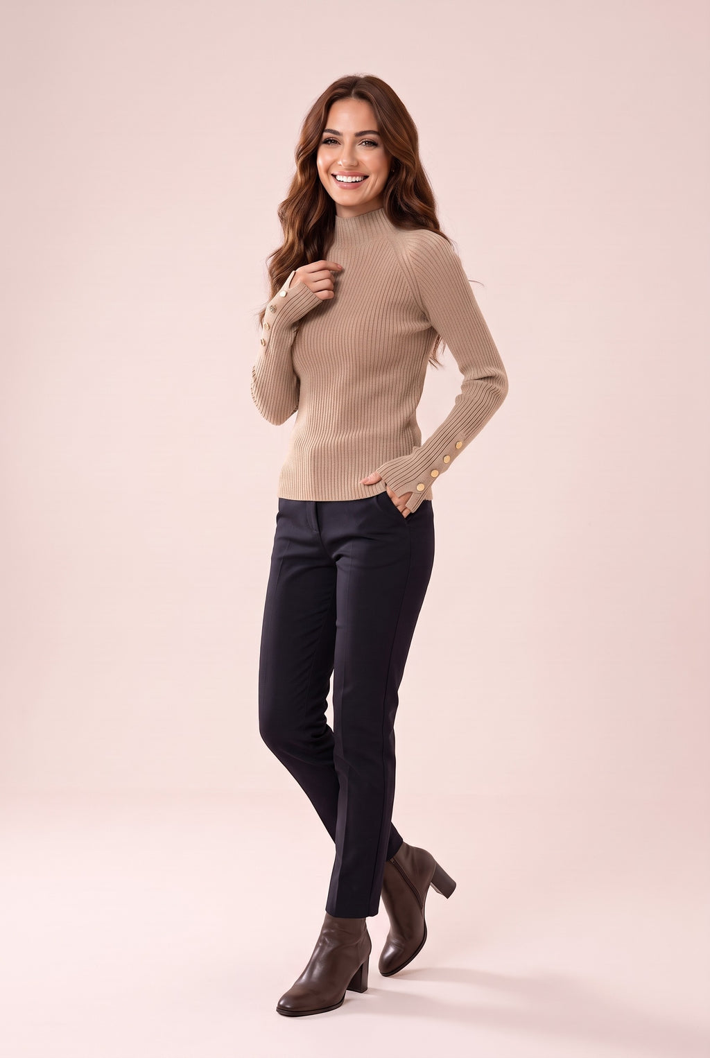 MONICA Fitted Ribbed Funnel Neck Jumper in beige, front