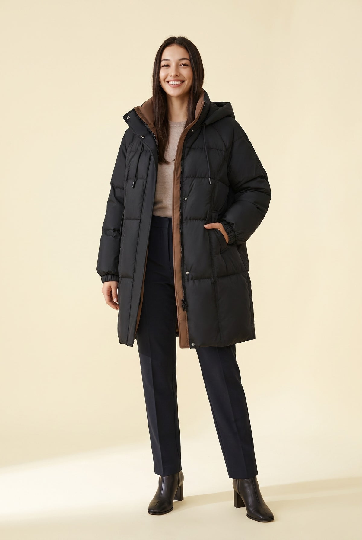 MORANA Hooded Long Puffer Coat in black, front