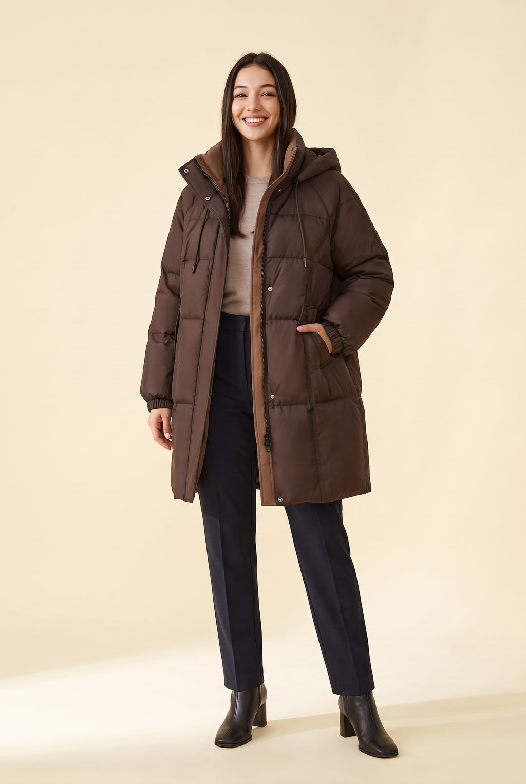 MORANA Hooded Long Puffer Coat in coffee, front