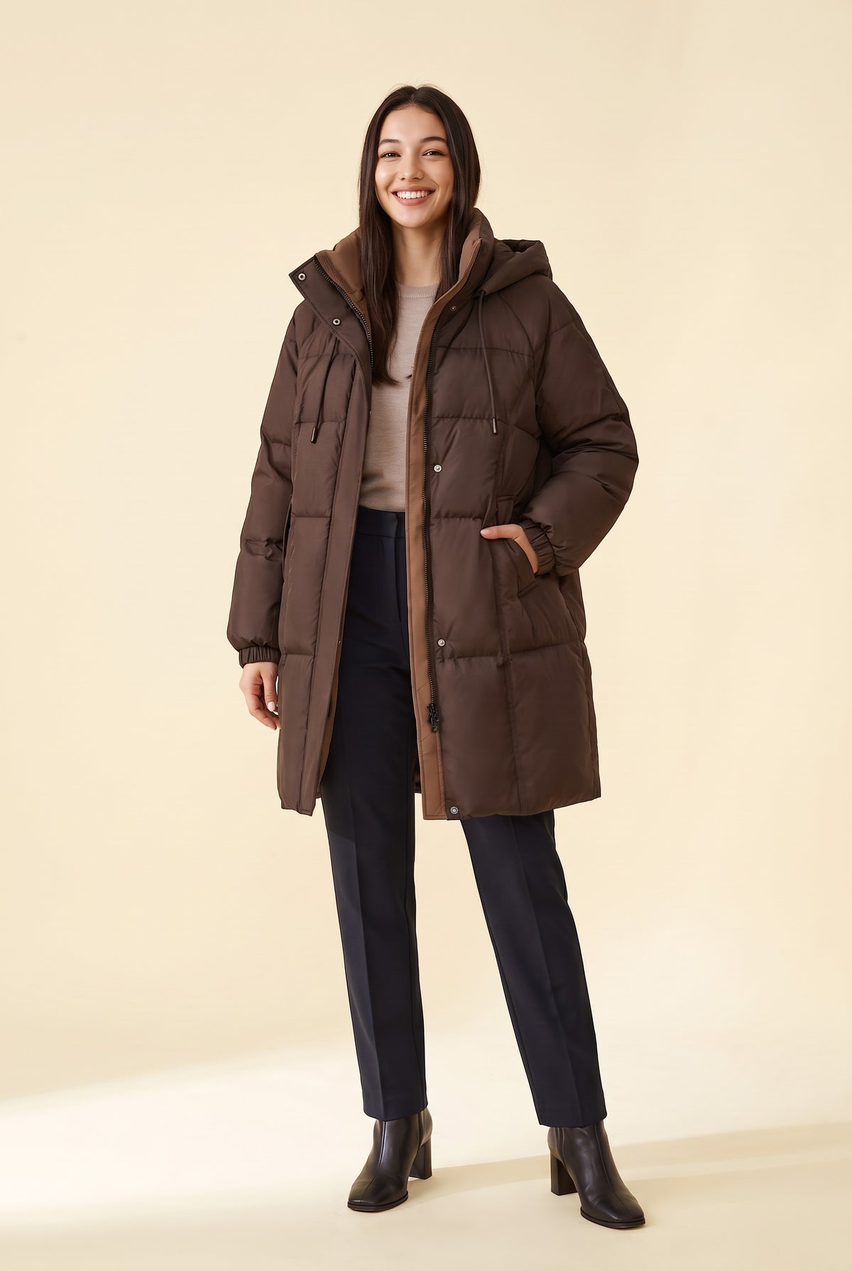 MORANA Hooded Long Puffer Coat in coffee, front