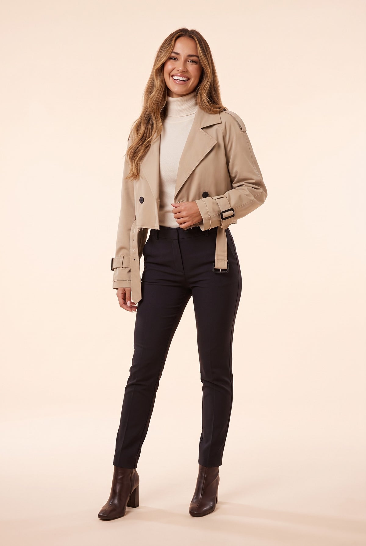 MORWENNA Beige Cropped Belted Trench Coat in beige, front