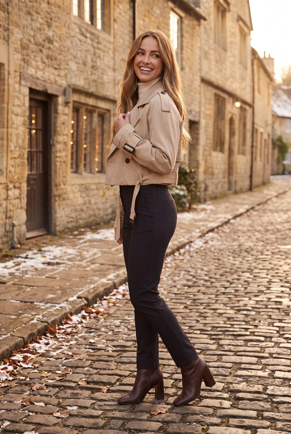 MORWENNA Beige Cropped Belted Trench Coat, lifestyle