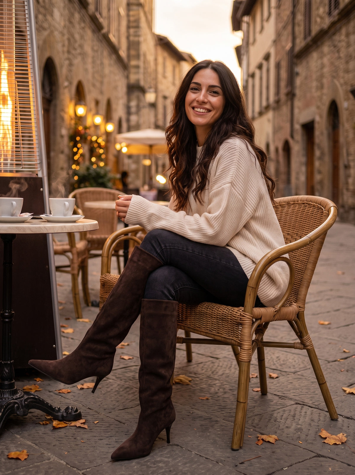 NERYS Slouch Faux Suede Kitten Heel Boots in coffee, worn full length