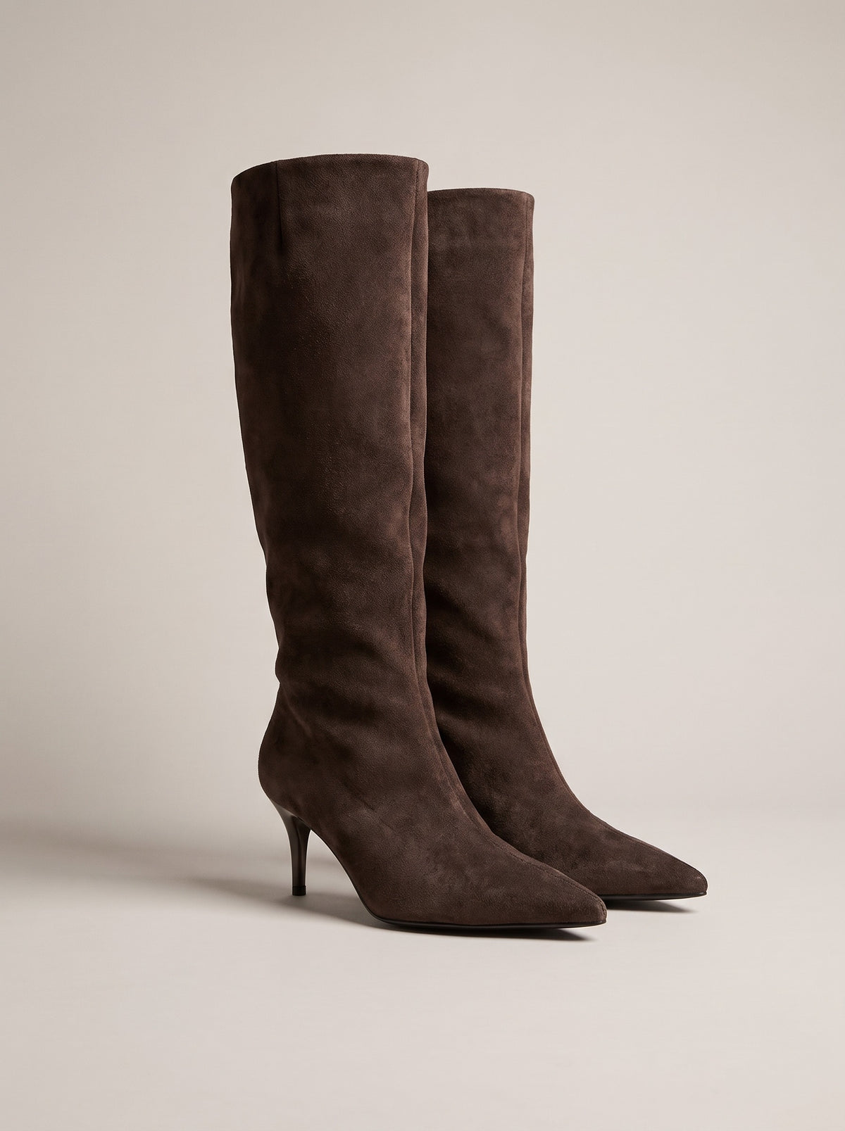 NERYS Slouch Faux Suede Kitten Heel Boots in coffee, front