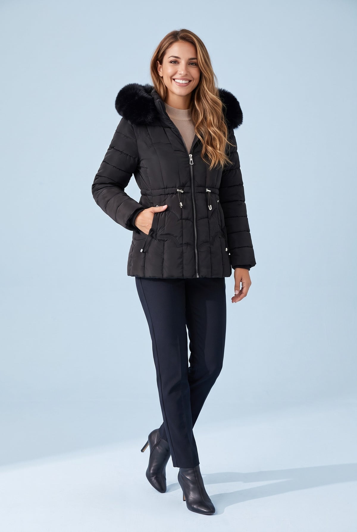 NIAMH Faux Fur Trim Belted Hooded Puffer Coat in black