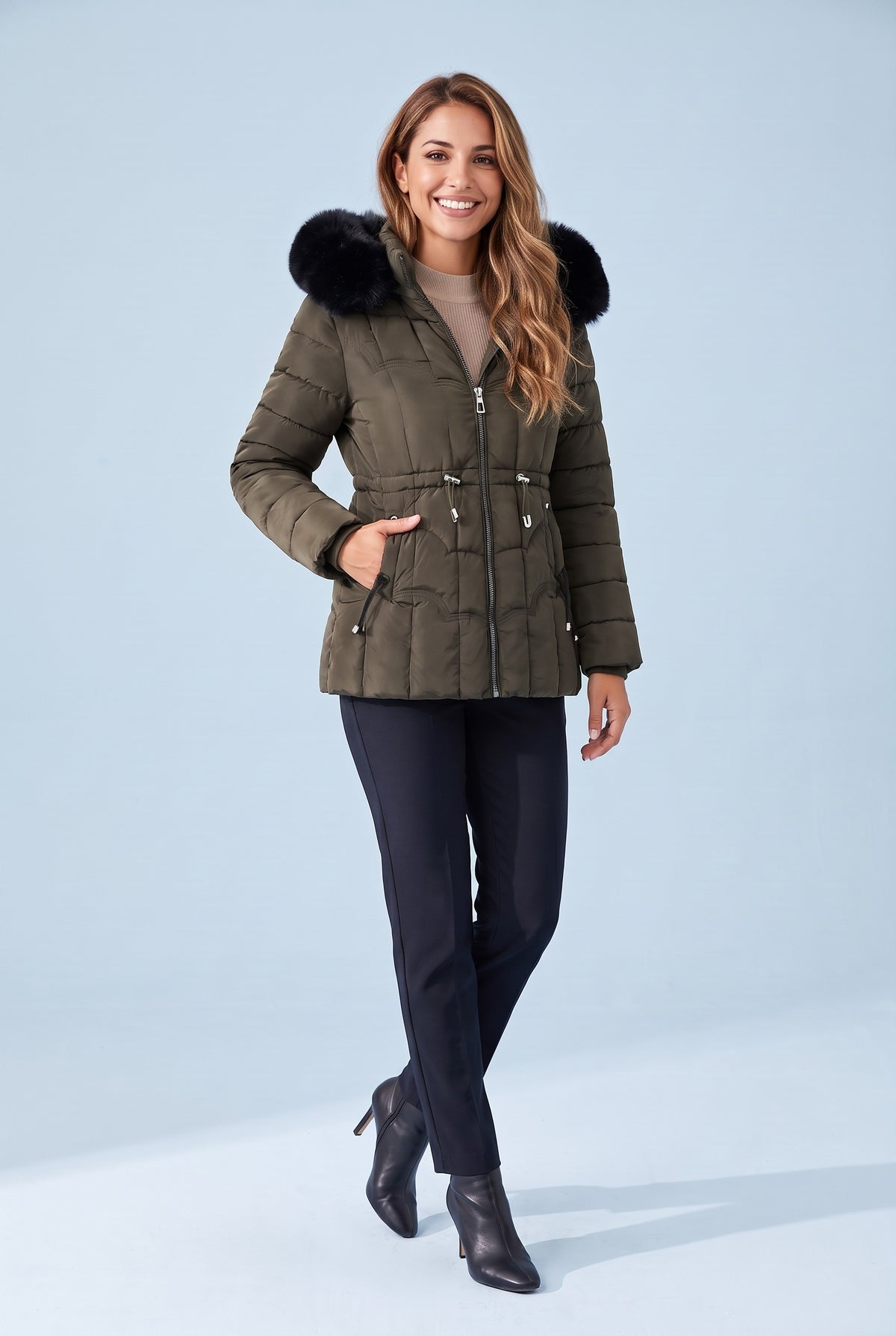 NIAMH Faux Fur Trim Belted Hooded Puffer Coat in khaki