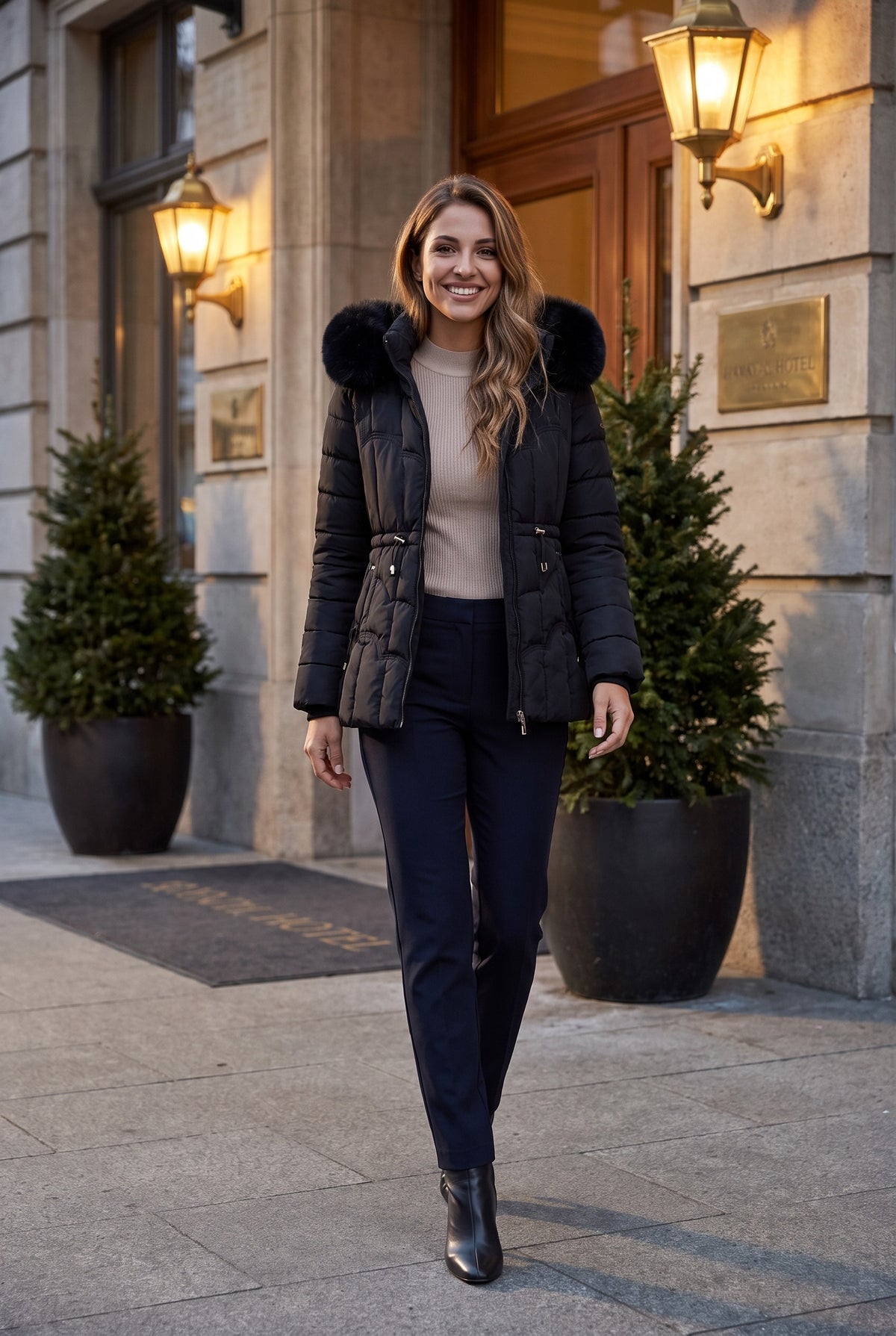 NIAMH Faux Fur Trim Belted Hooded Puffer Coat, lifestyle