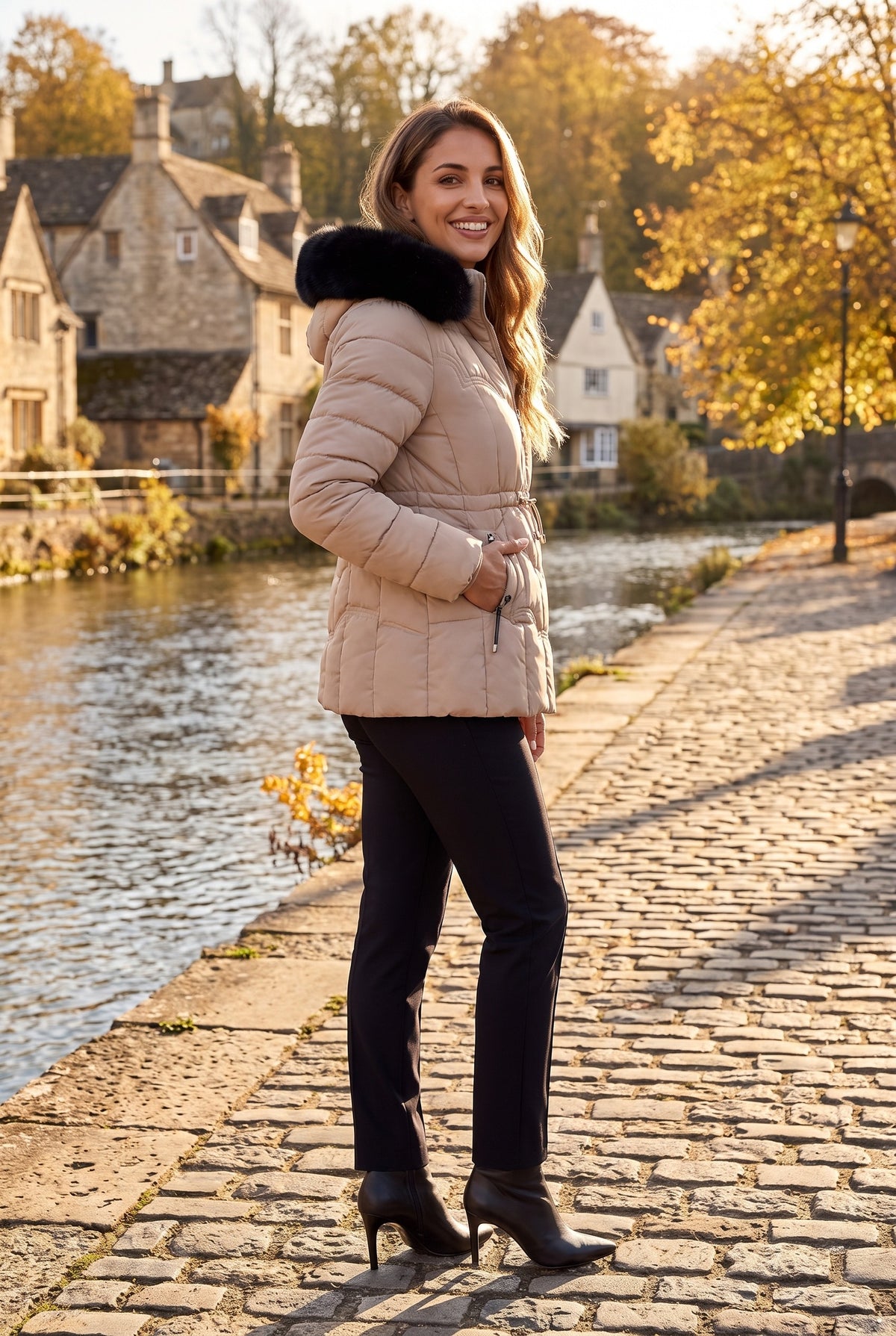 NIAMH Faux Fur Trim Belted Hooded Puffer Coat, lifestyle