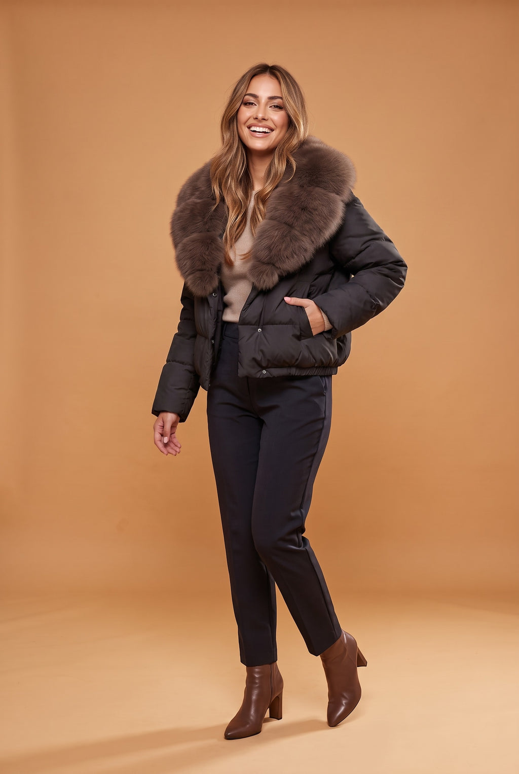 NOELLA Faux Fur Collar Puffer Jacket in black, front