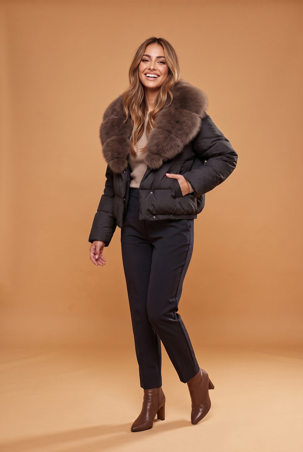 NOELLA Faux Fur Collar Puffer Jacket in black, front