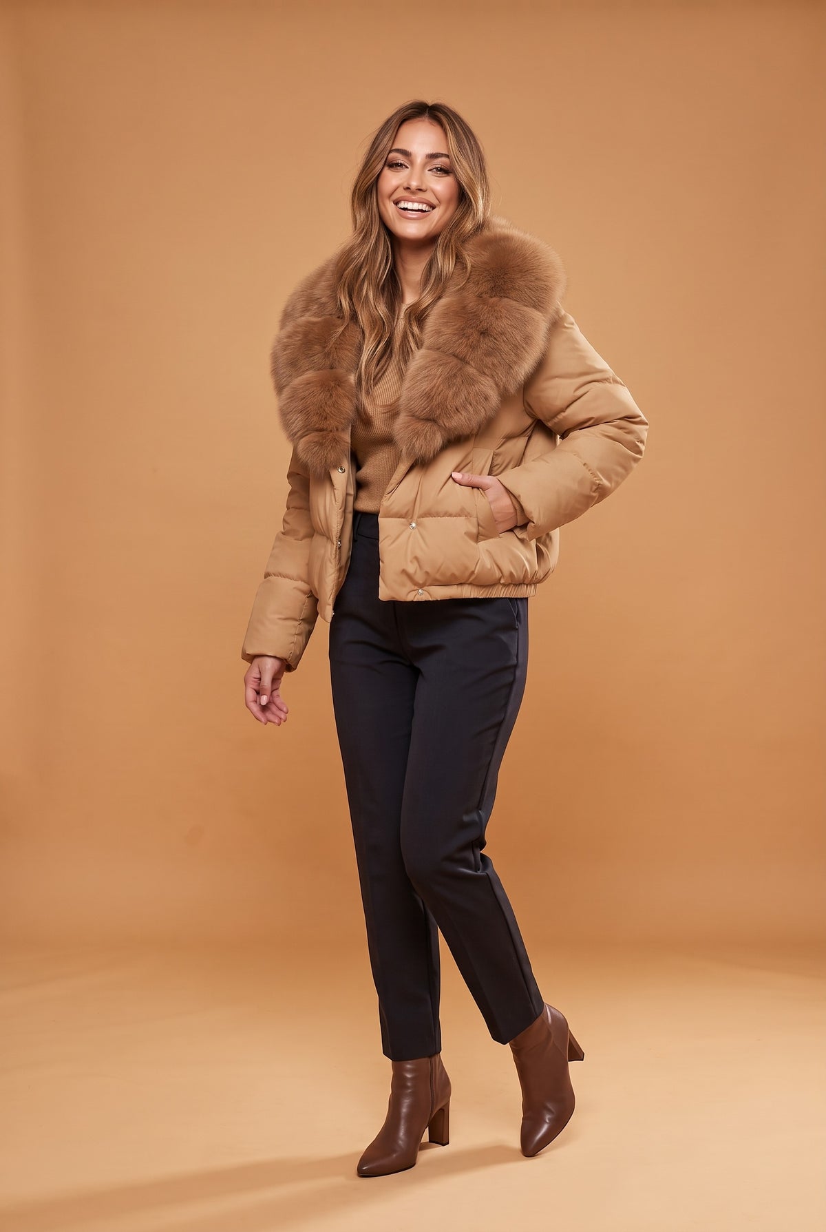 NOELLA Faux Fur Collar Puffer Jacket in camel, front
