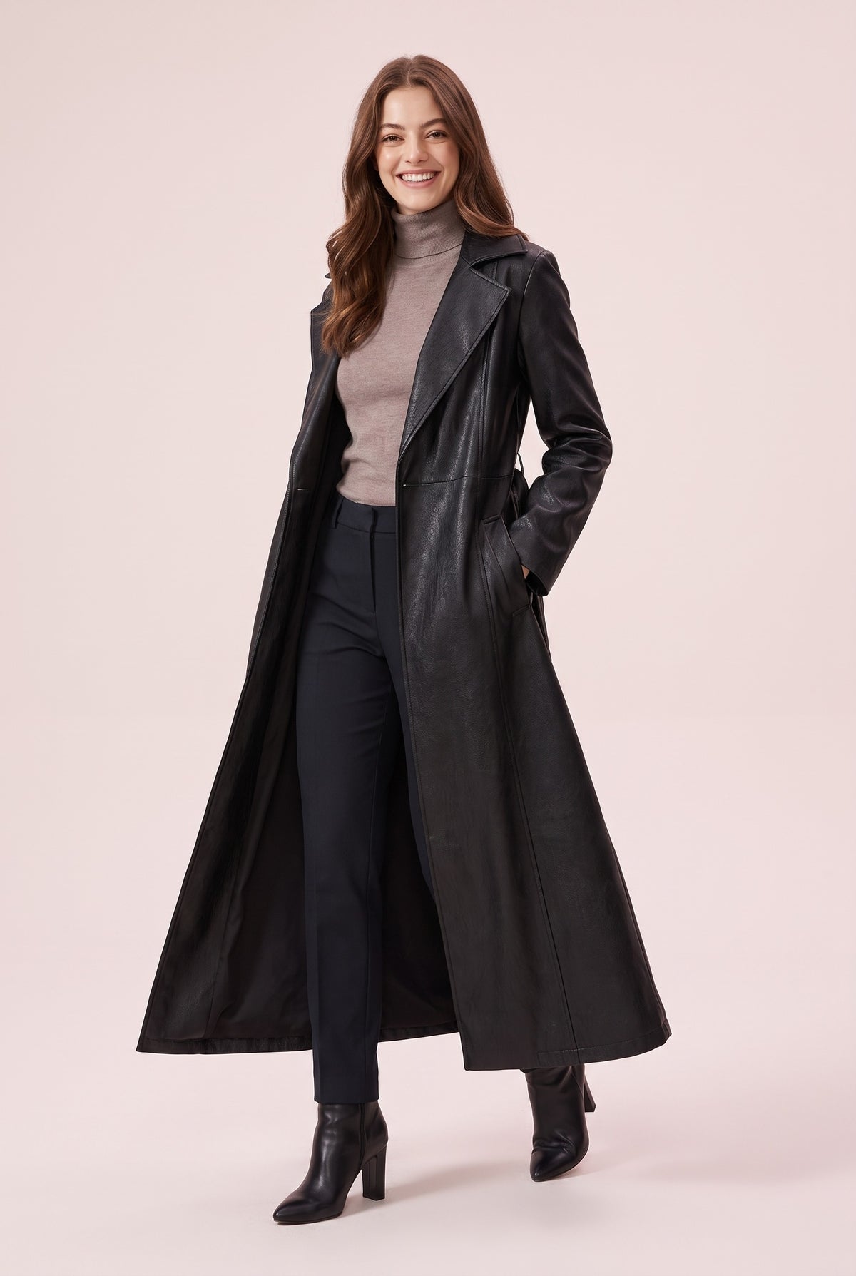 OAKLEY Longline Faux Leather Trench Coat in black, front