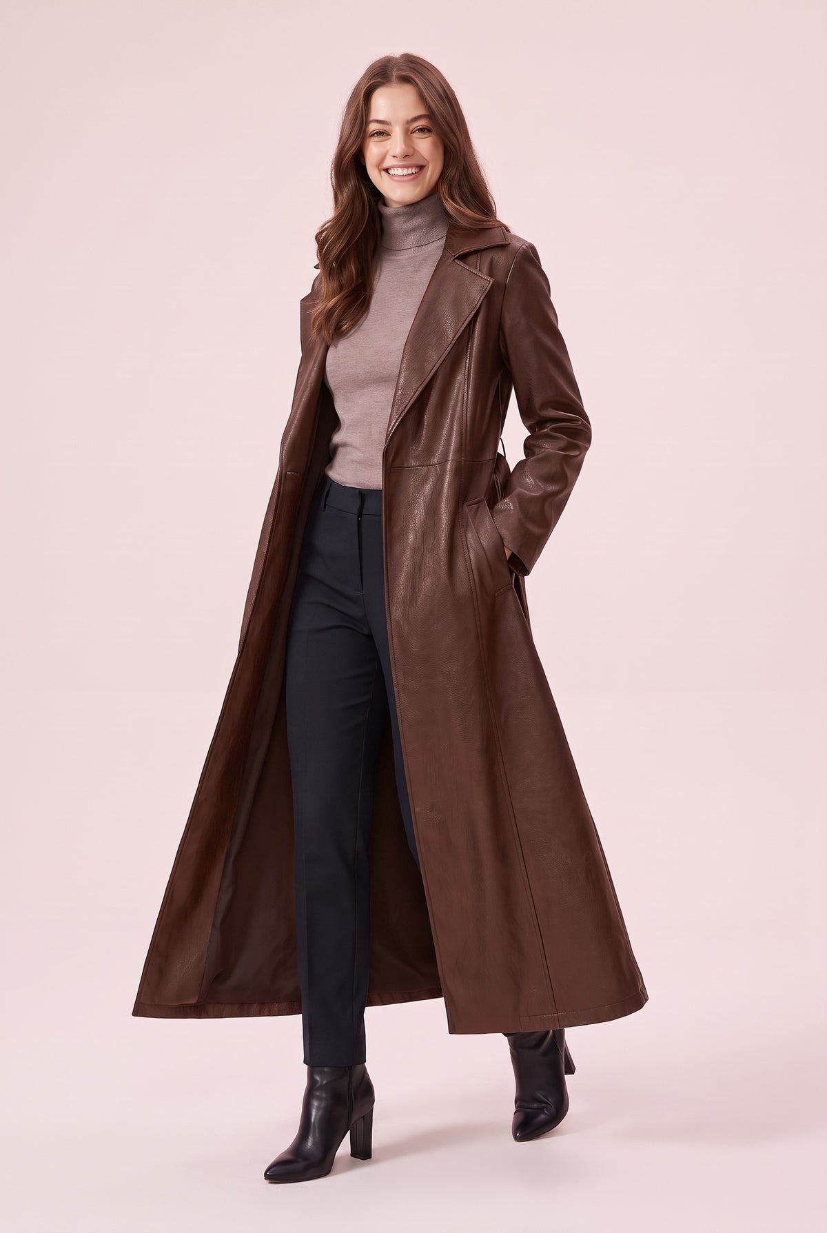 OAKLEY Longline Faux Leather Trench Coat in brown, front