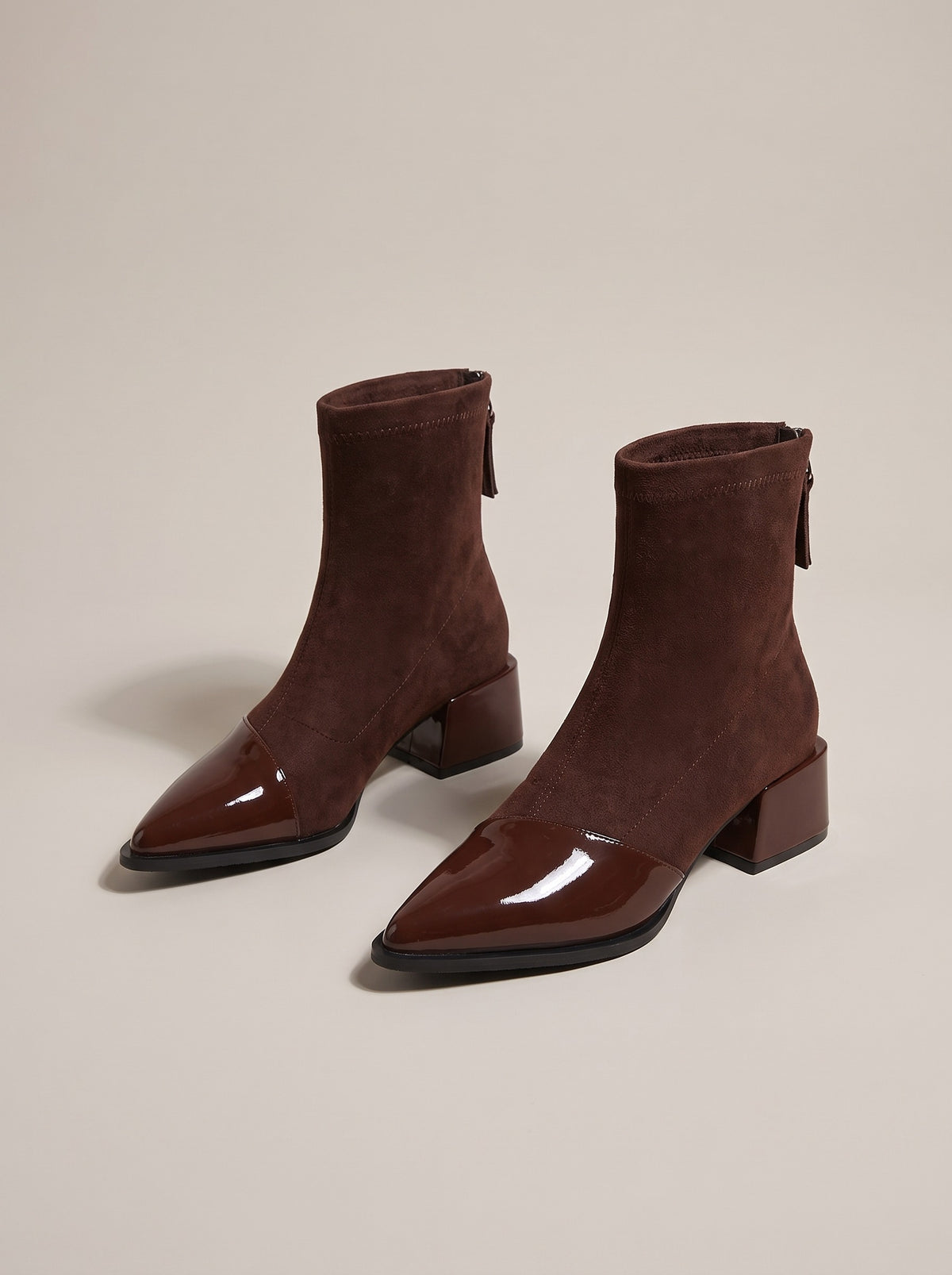 ODALYS Pointed Toe Faux Suede Ankle Boots in brown, front