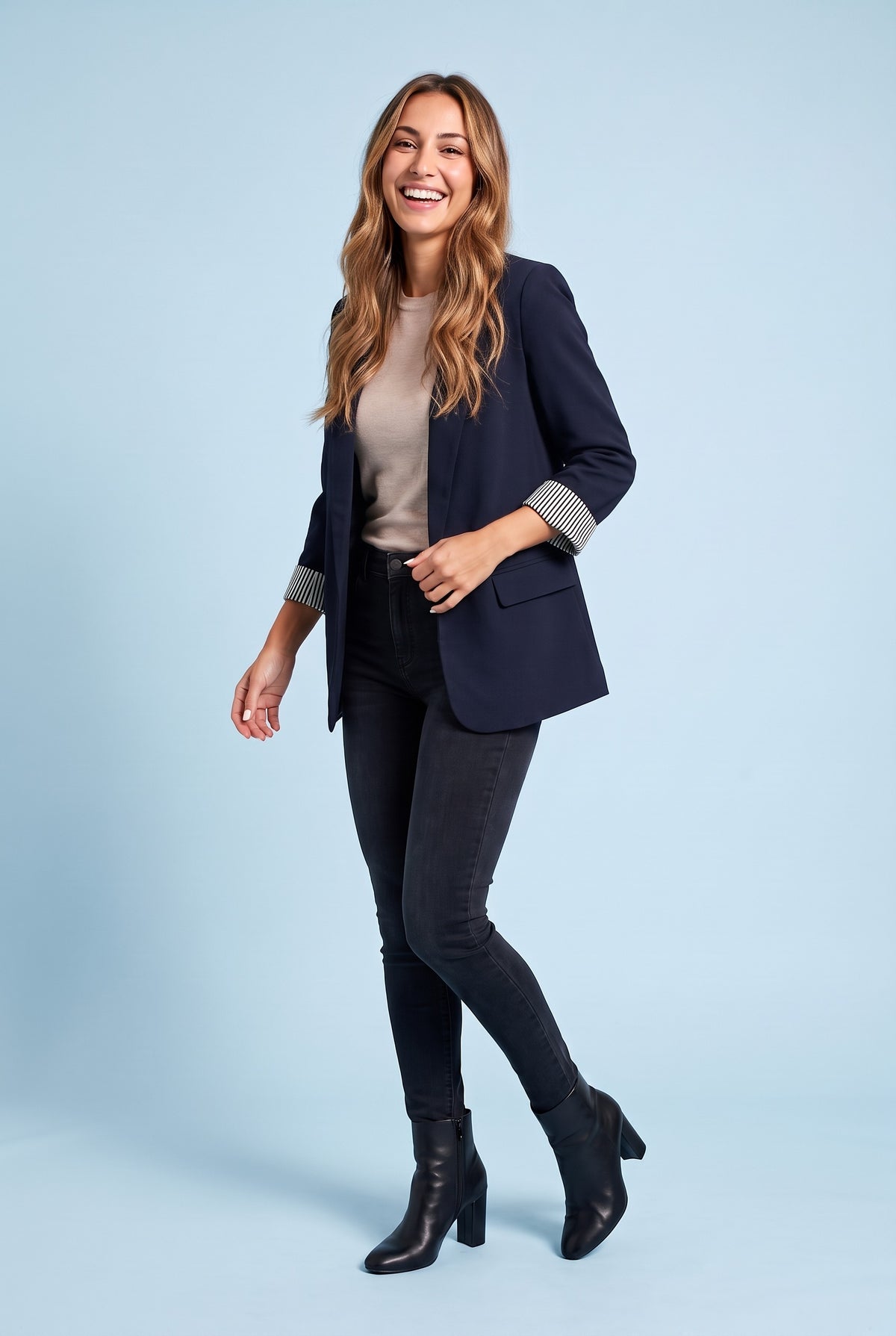 OLIVIA Slim Fit Longline Blazer in navy, front