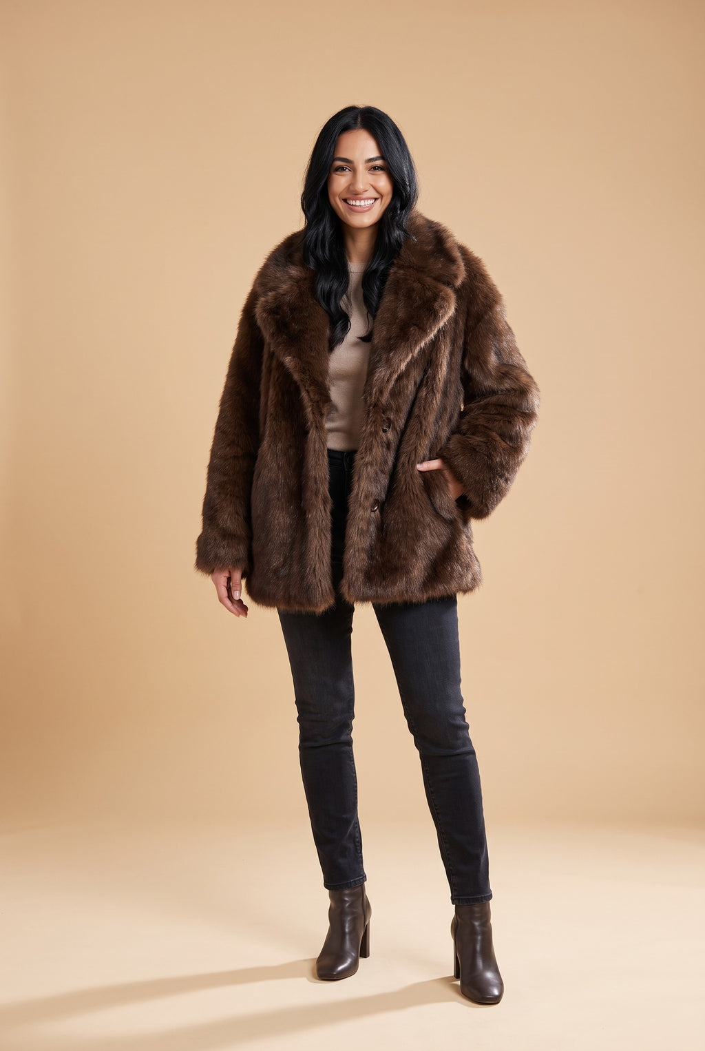 OPAL Oversized Faux Fur Coat in brown gradient, front
