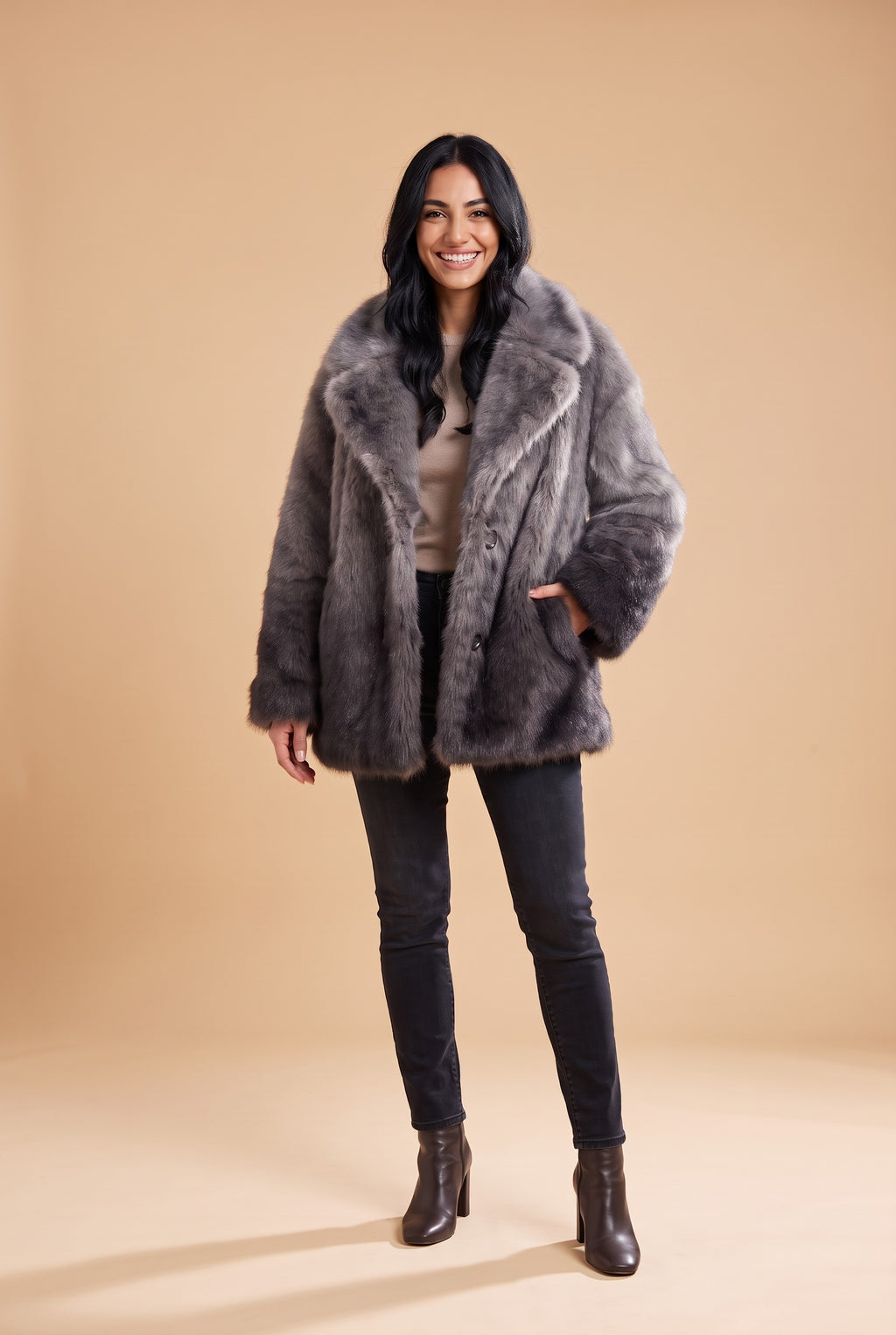 OPAL Oversized Faux Fur Coat in grey gradient, front