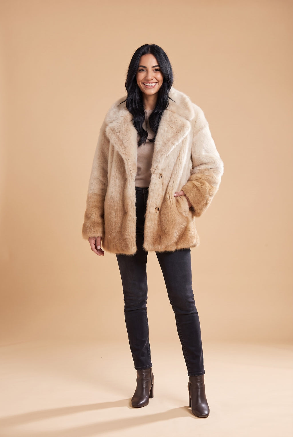 OPAL Oversized Faux Fur Coat in beige gradient, front