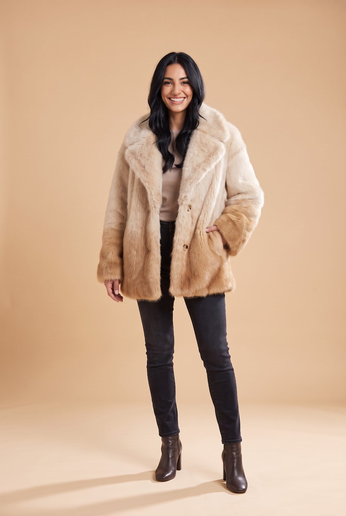 OPAL Oversized Faux Fur Coat in beige gradient, front