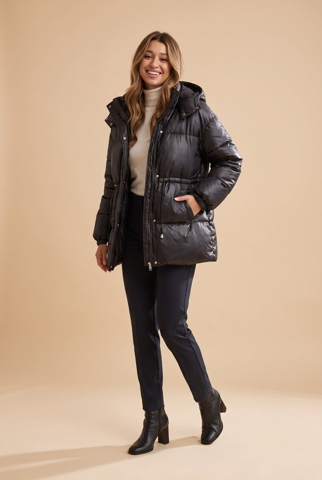 OSTARA Belted Hooded Puffer Jacket in black, front