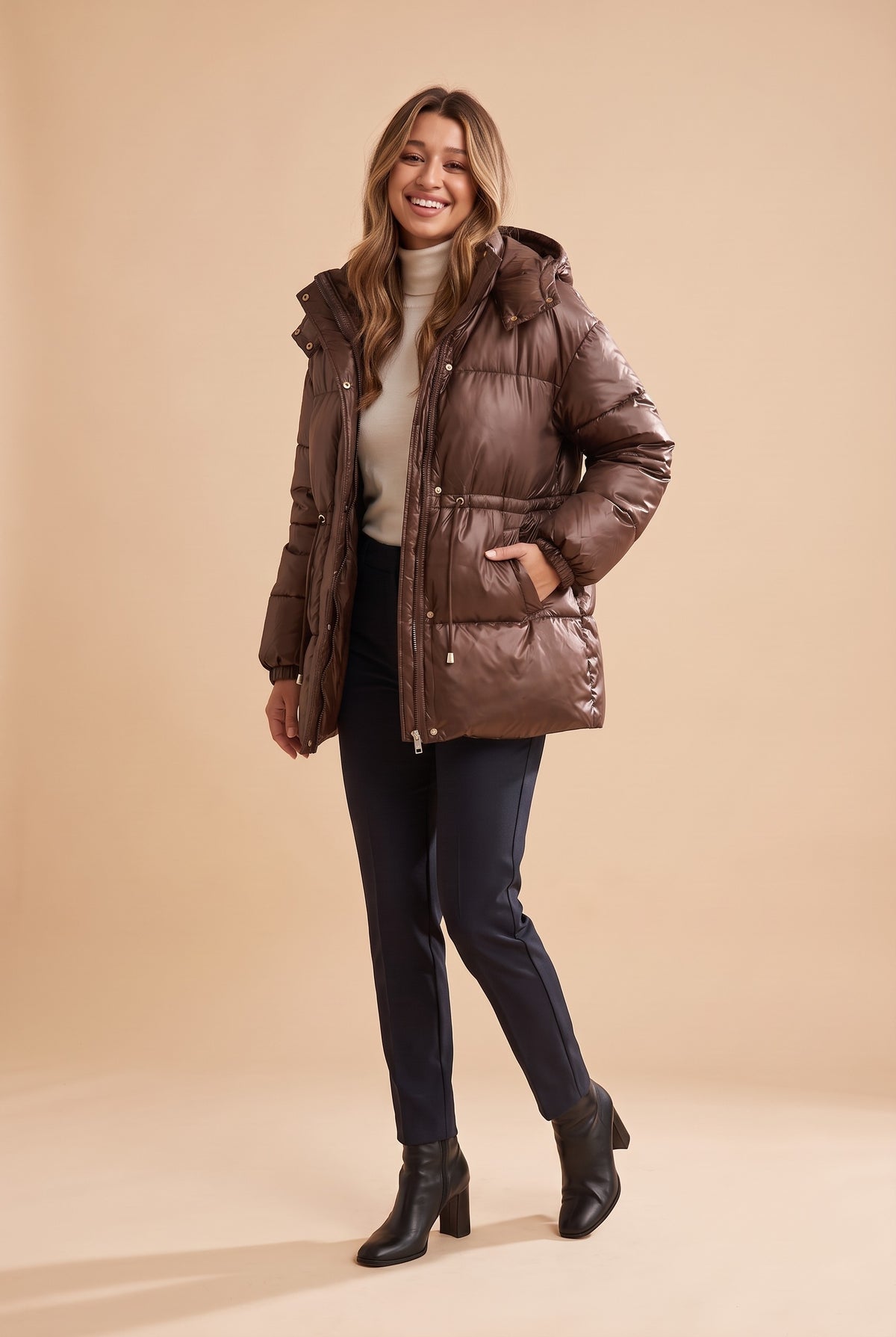 OSTARA Belted Hooded Puffer Jacket in brown, front