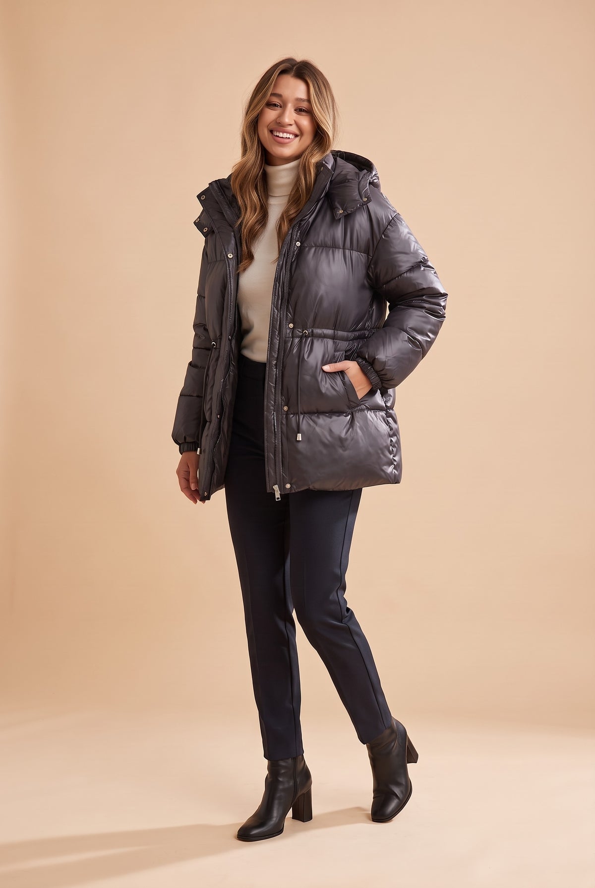 OSTARA Belted Hooded Puffer Jacket in dark grey, front