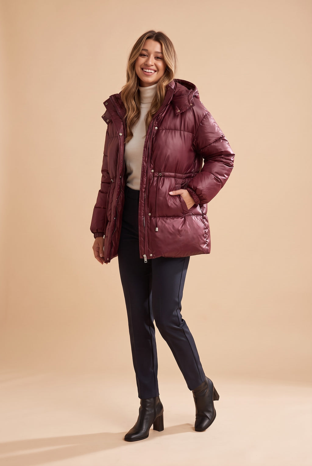 OSTARA Belted Hooded Puffer Jacket in red wine, front