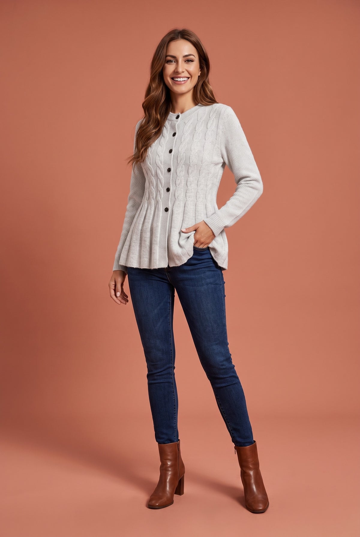PAISLEY Longline Button Knitted Cardigan in white, front
