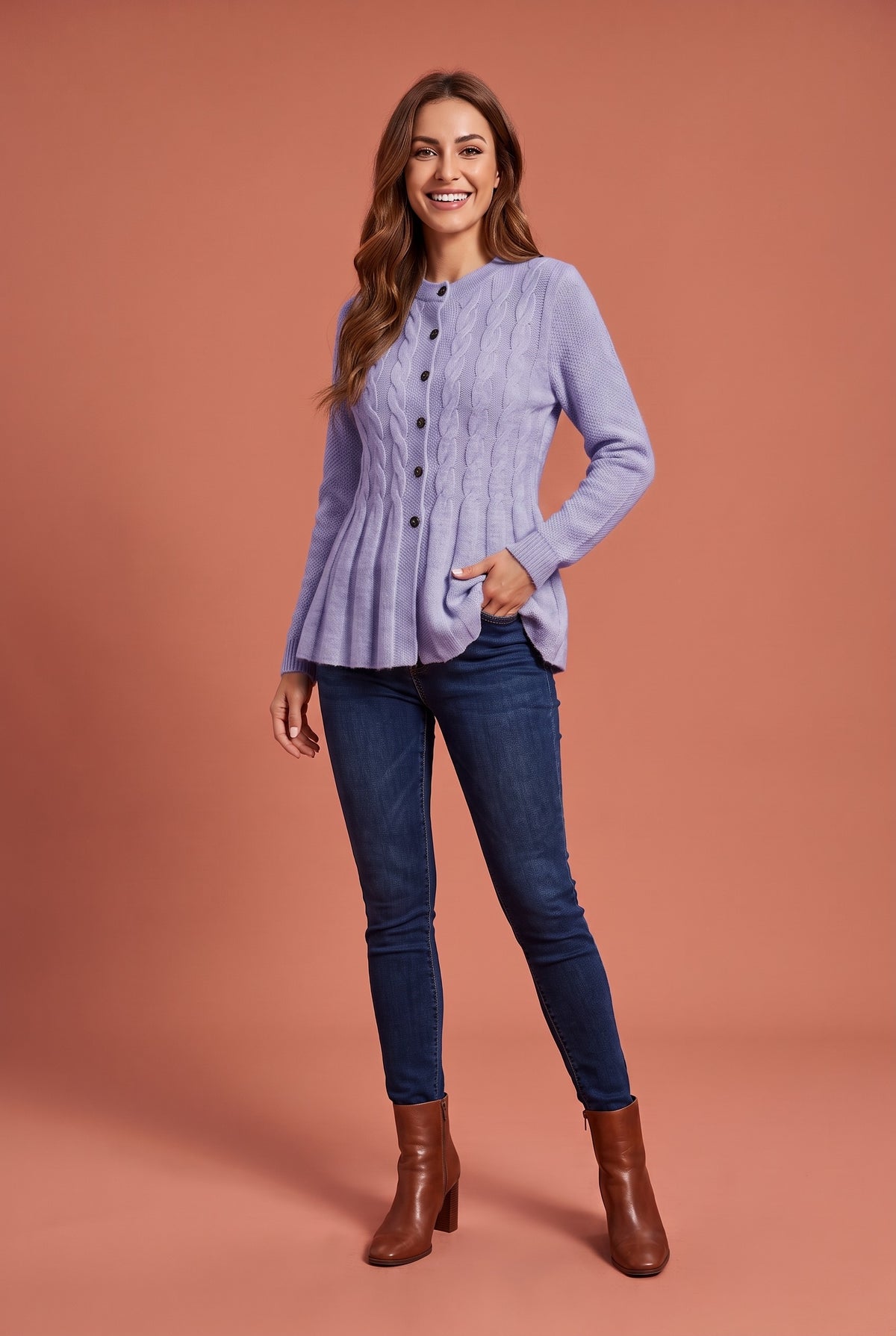 PAISLEY Longline Button Knitted Cardigan in violet, front
