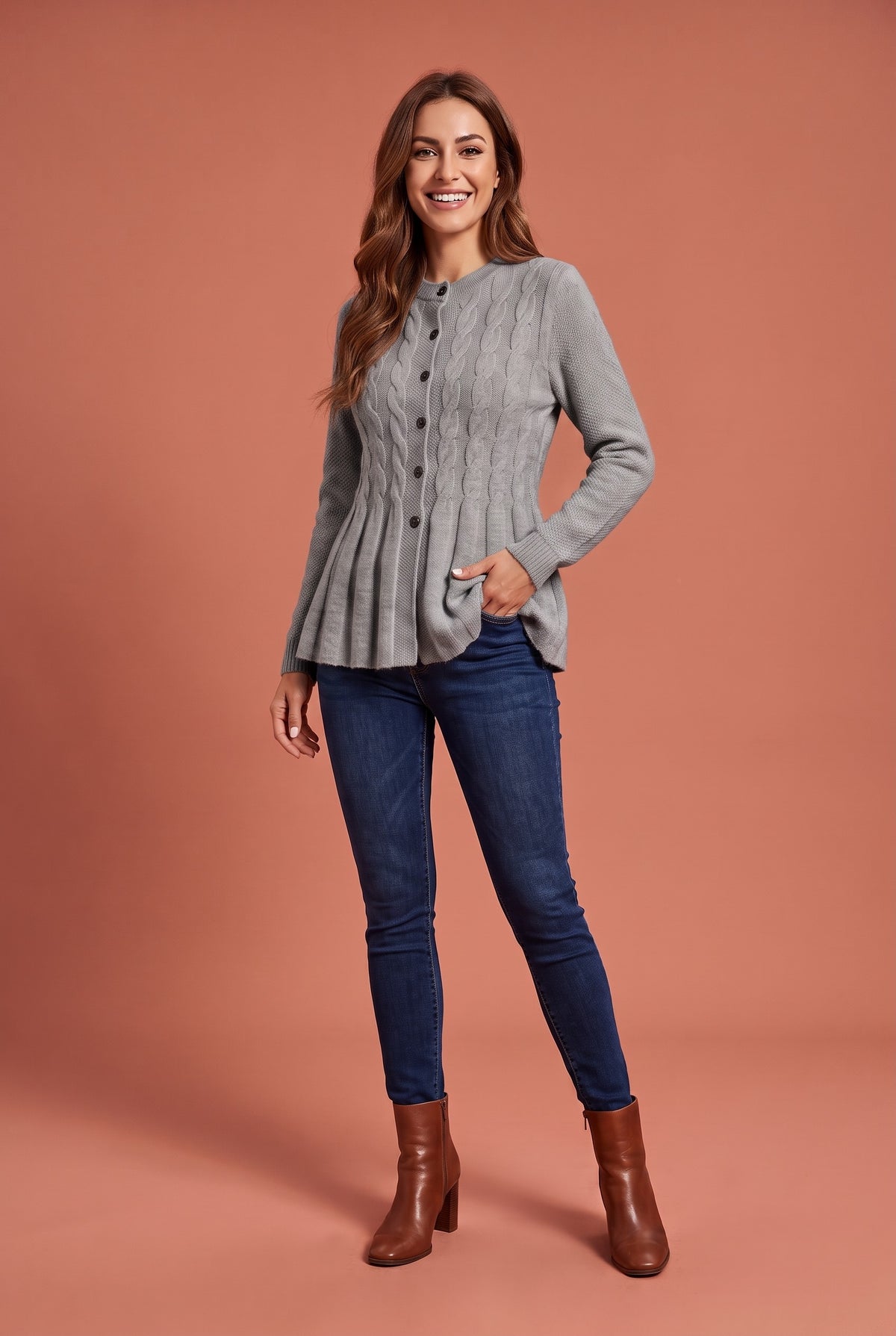 PAISLEY Longline Button Knitted Cardigan in grey, front