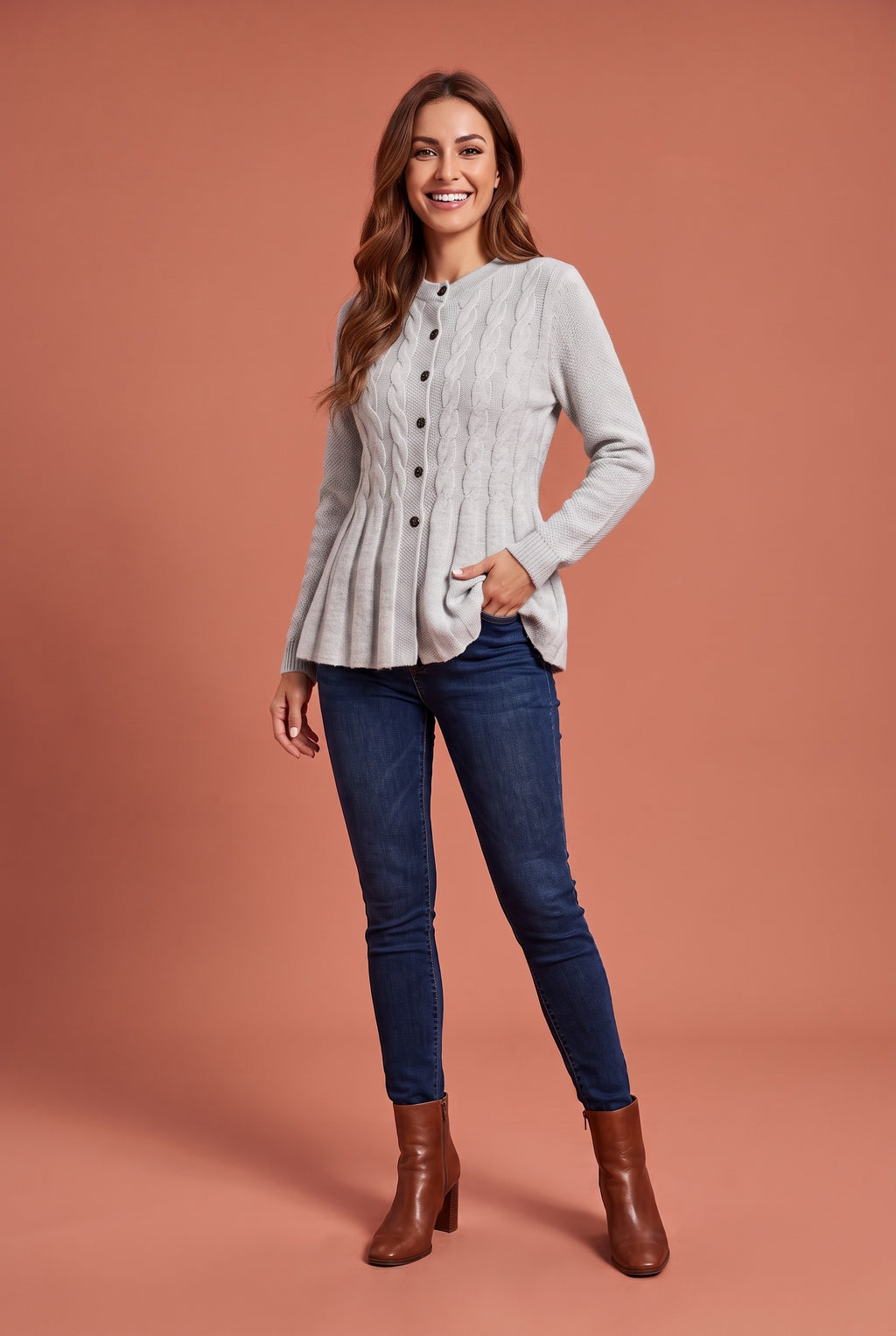 PAISLEY Longline Button Knitted Cardigan in light grey, front