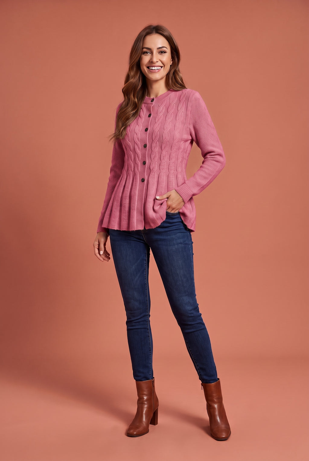 PAISLEY Longline Button Knitted Cardigan in rose red, front