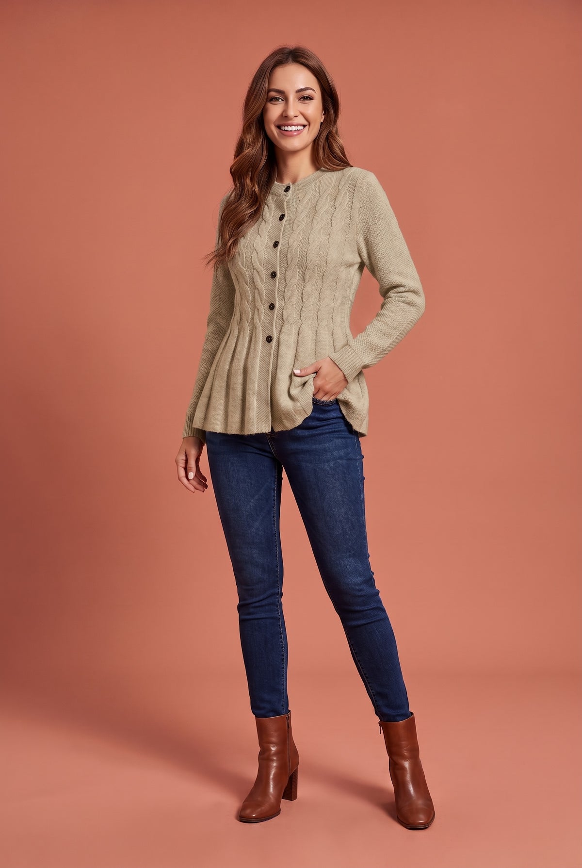 PAISLEY Longline Button Knitted Cardigan in khaki, front