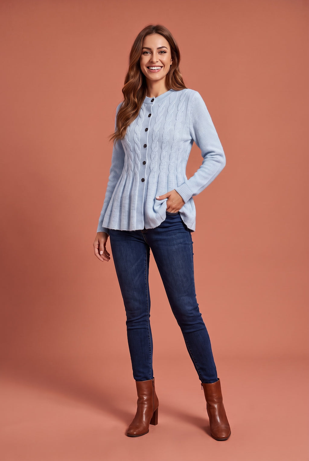 PAISLEY Longline Button Knitted Cardigan in light blue, front