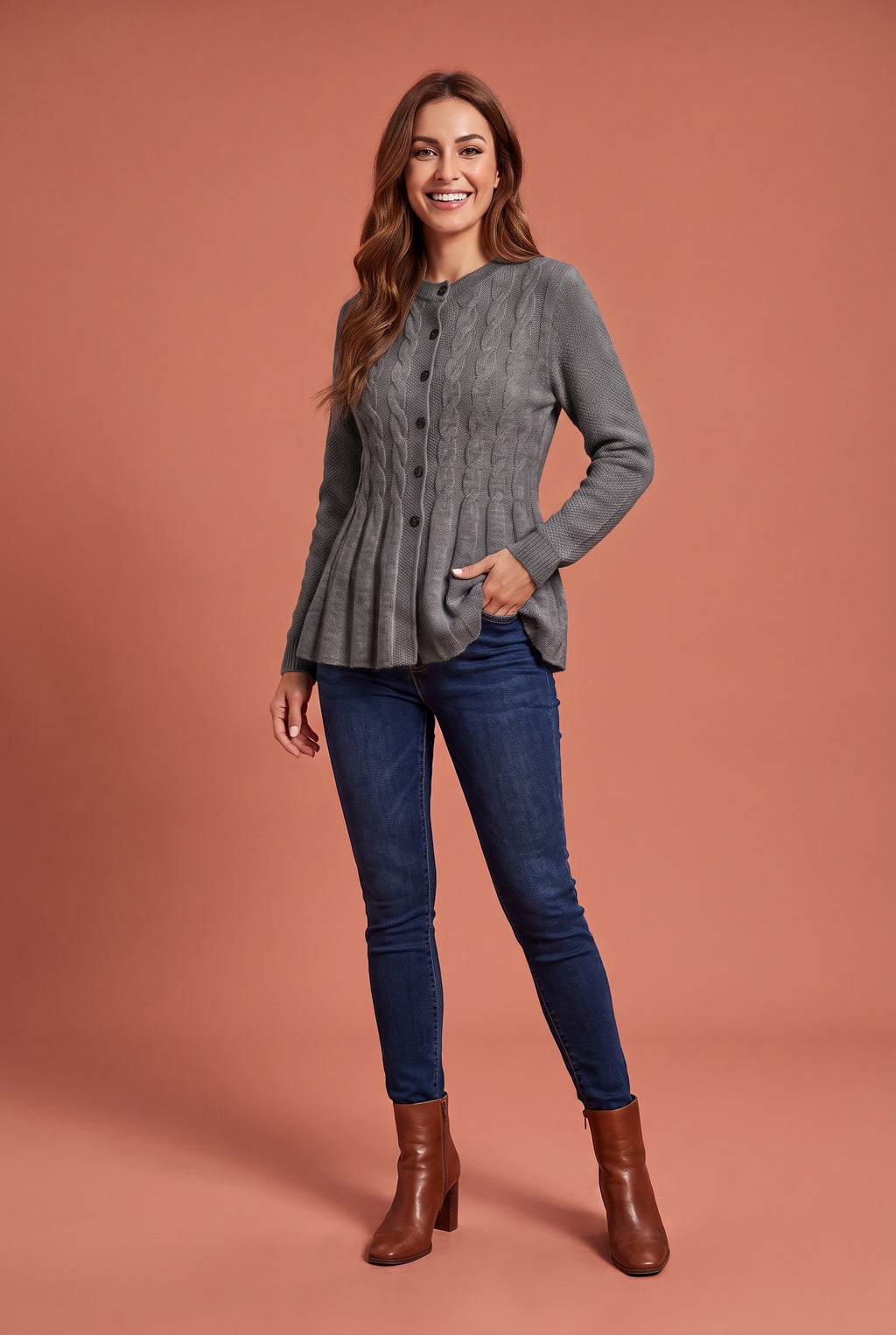 PAISLEY Longline Button Knitted Cardigan in dark grey, front