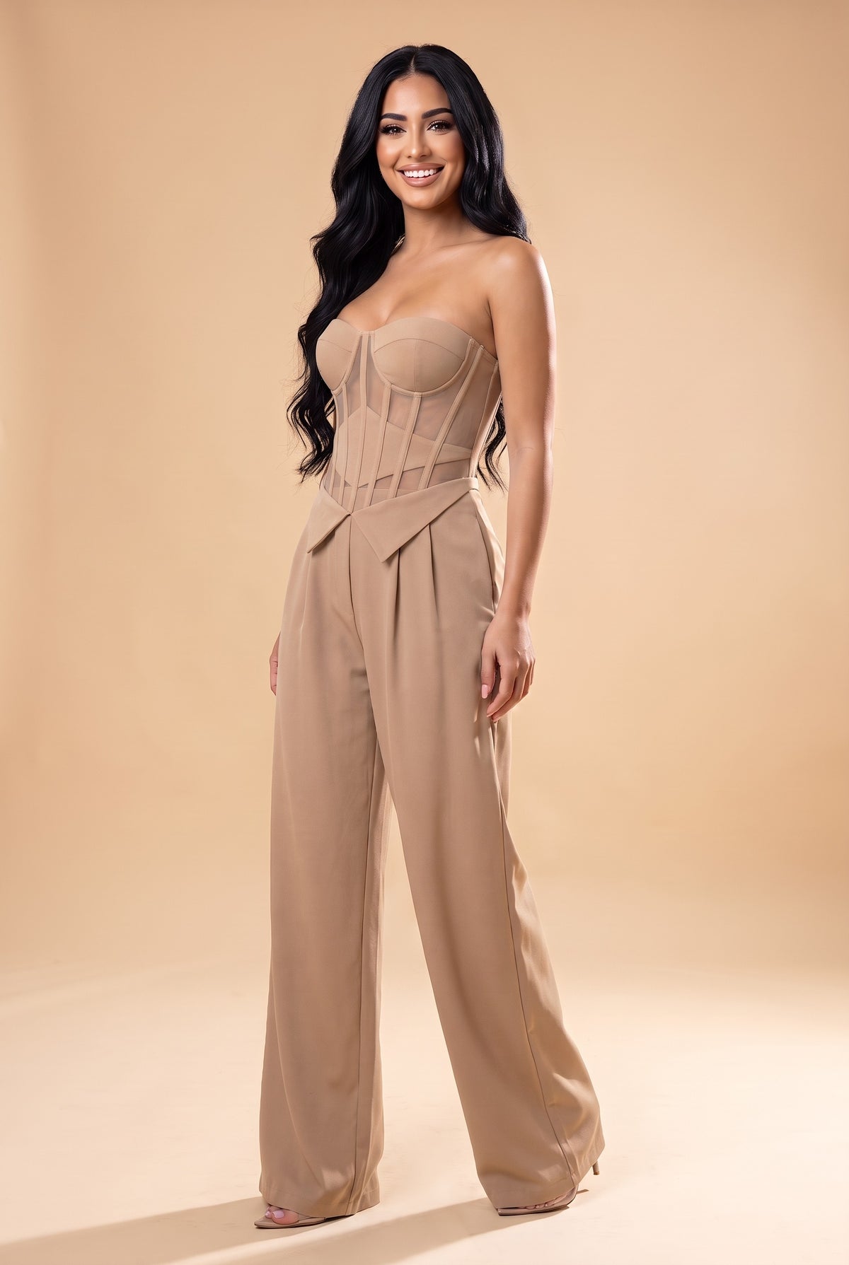 PALOMA Corset Wide Leg Jumpsuit in beige, front