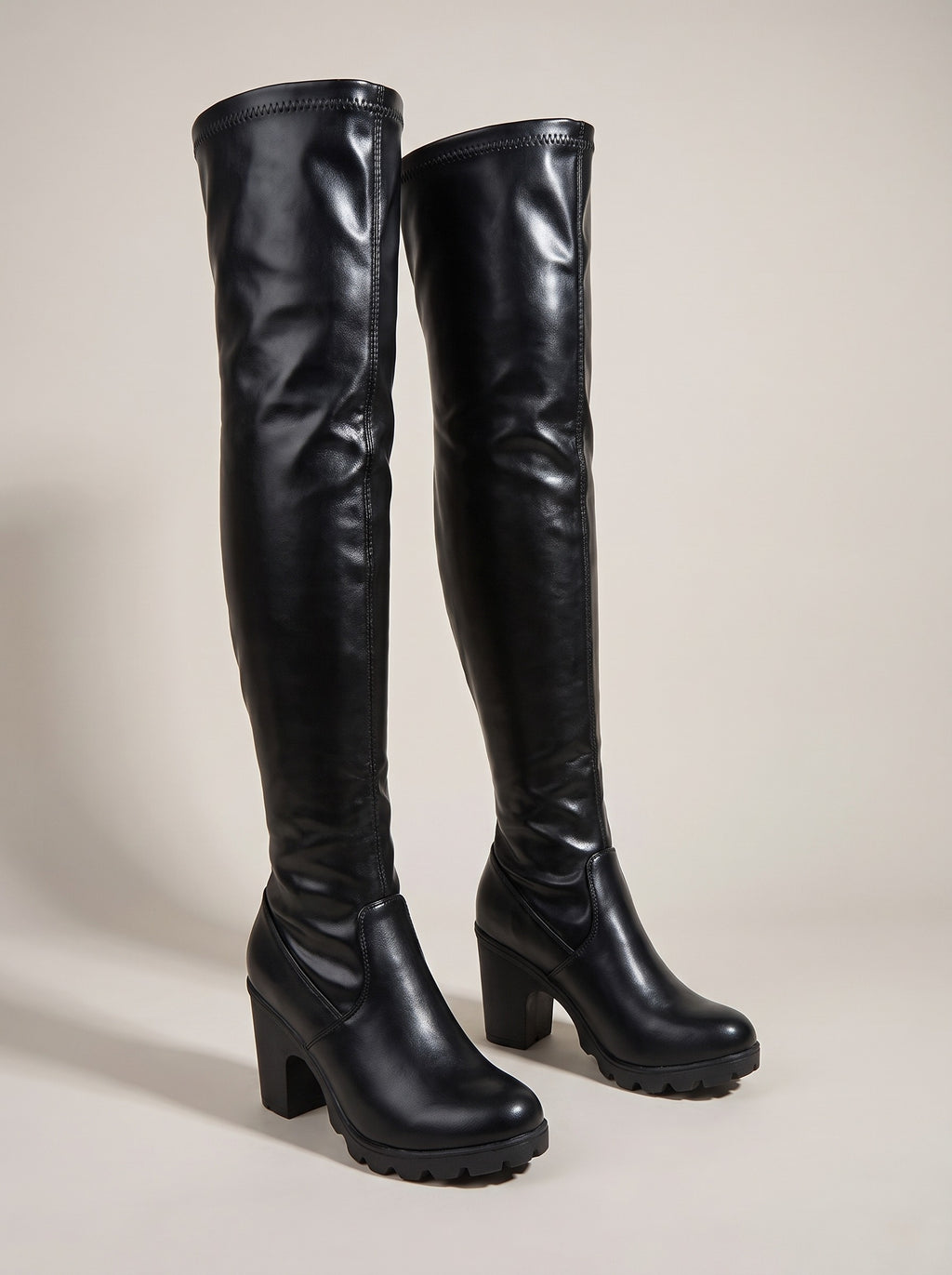 PARKER Stretch Over The Knee Heeled Boots in black block heel, front