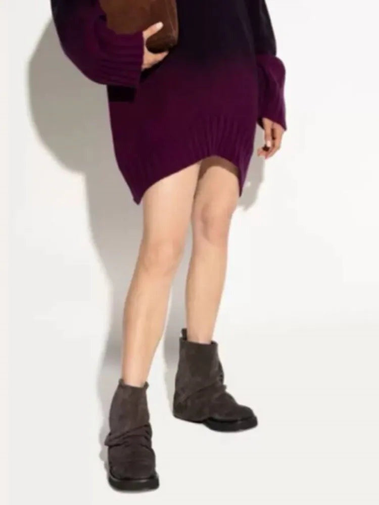 PIPER Slouch Faux Suede Flat Boots in brown faux suede, front