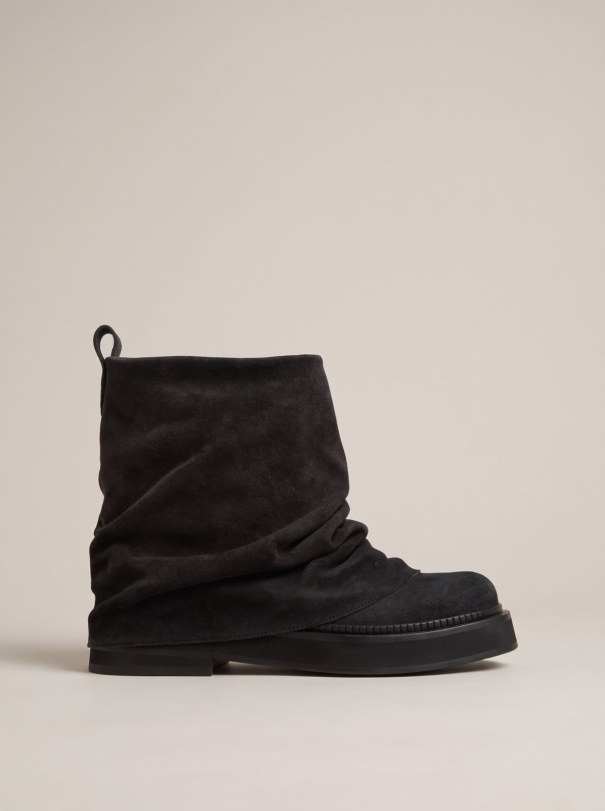 PIPER Slouch Faux Suede Flat Boots in black suede leather 2, front