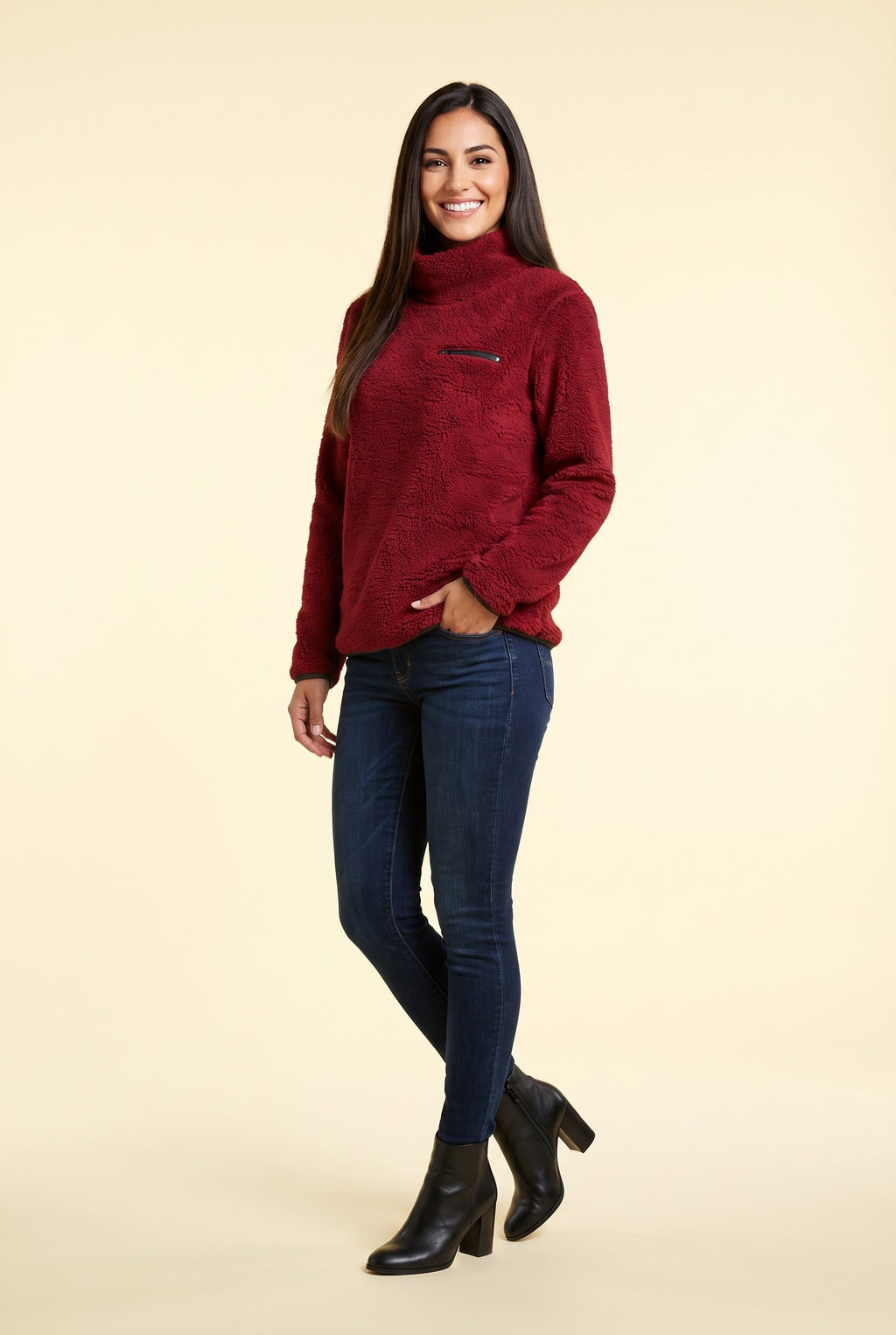 POPPIE Teddy Fleece Funnel Neck Jumper in wine red, front