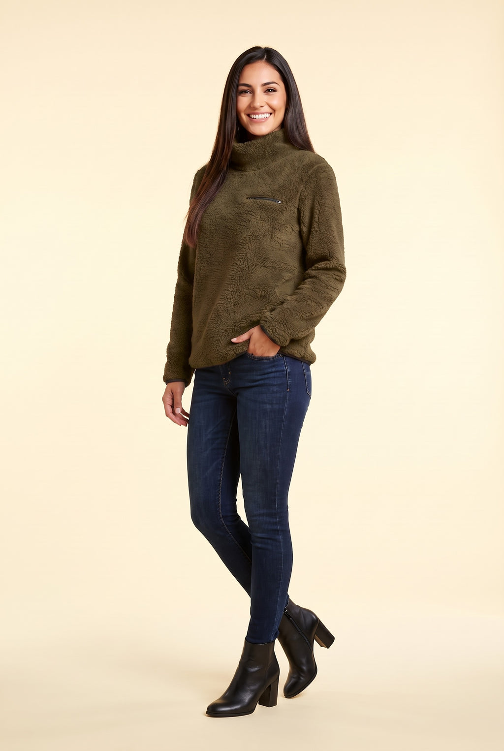 POPPIE Teddy Fleece Funnel Neck Jumper in army green, front