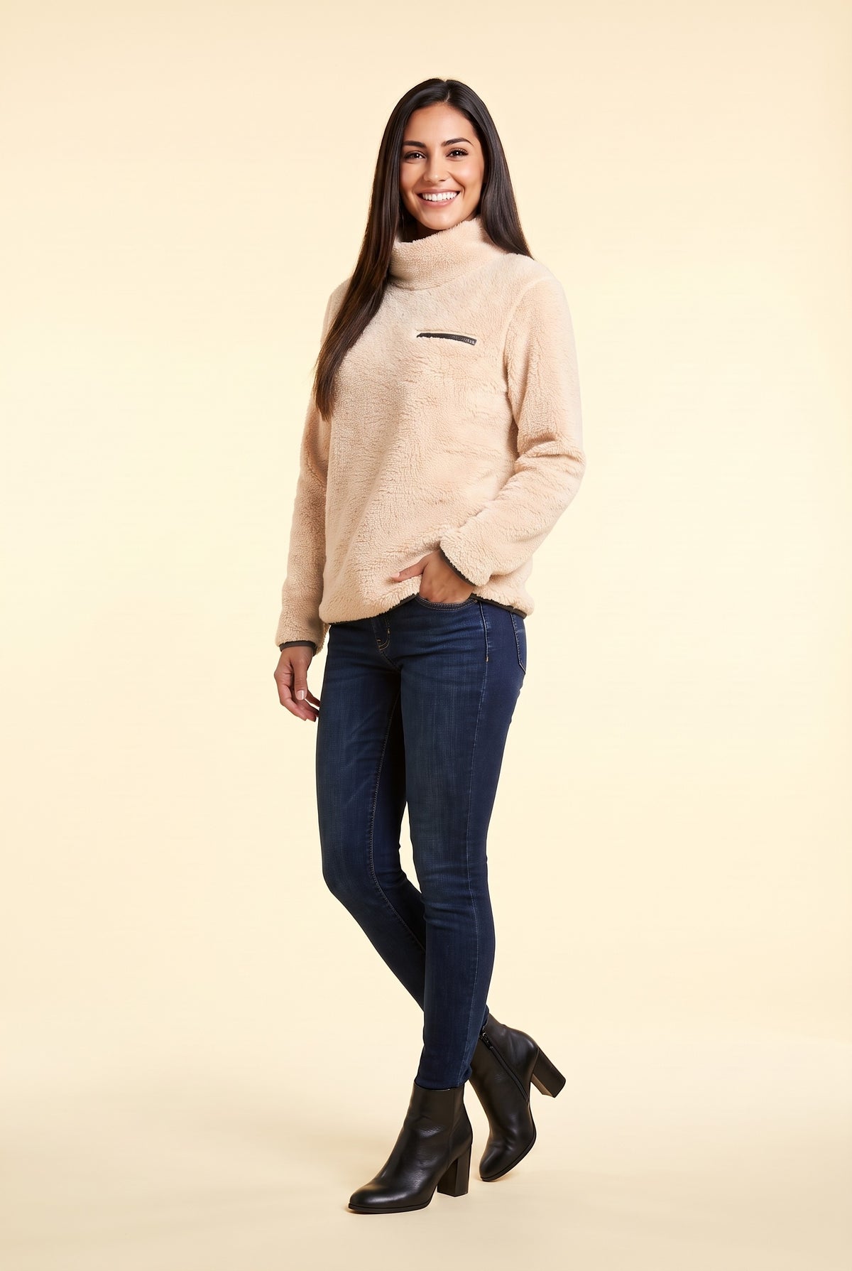 POPPIE Teddy Fleece Funnel Neck Jumper in light apricot, front