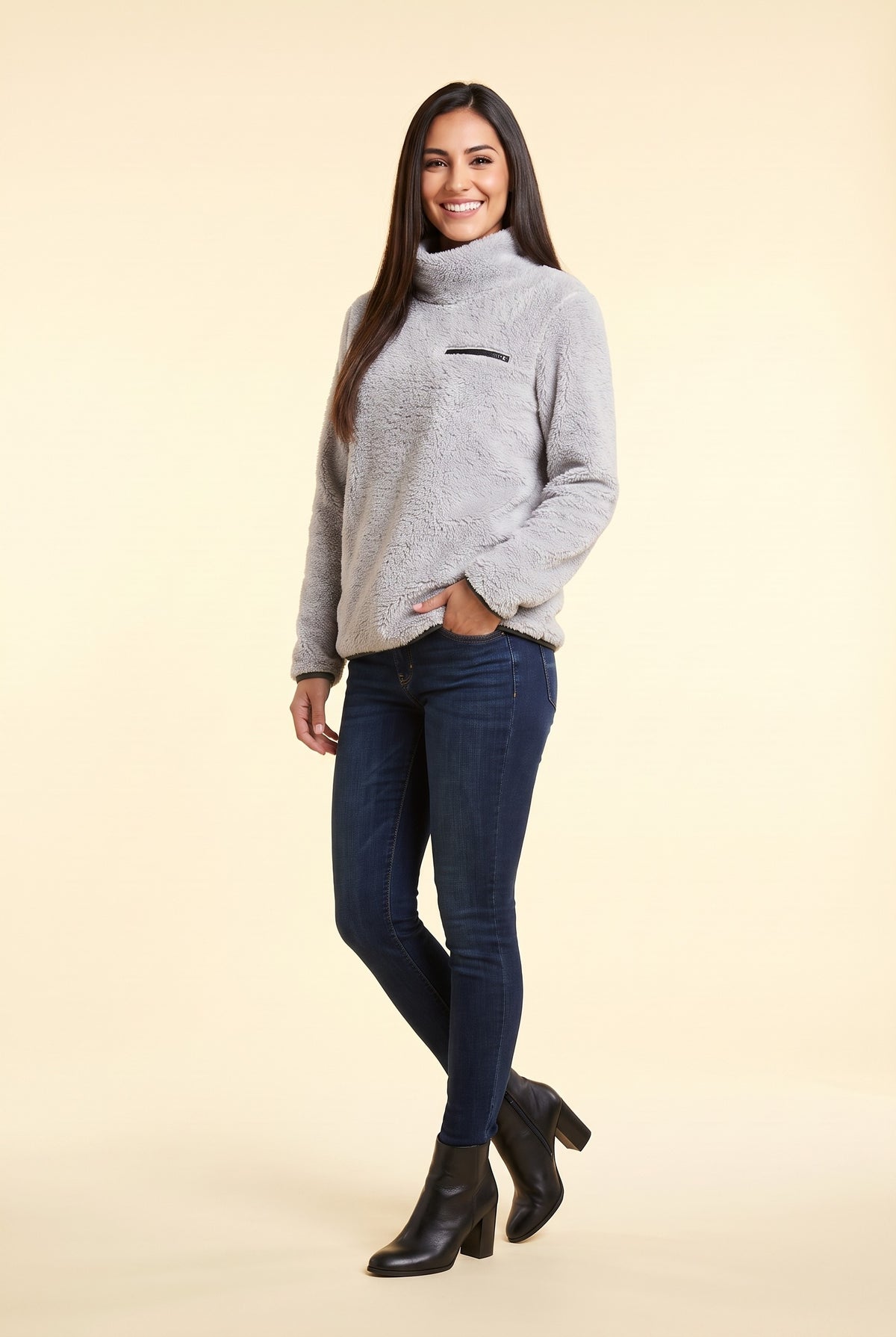 POPPIE Teddy Fleece Funnel Neck Jumper in light grey, front
