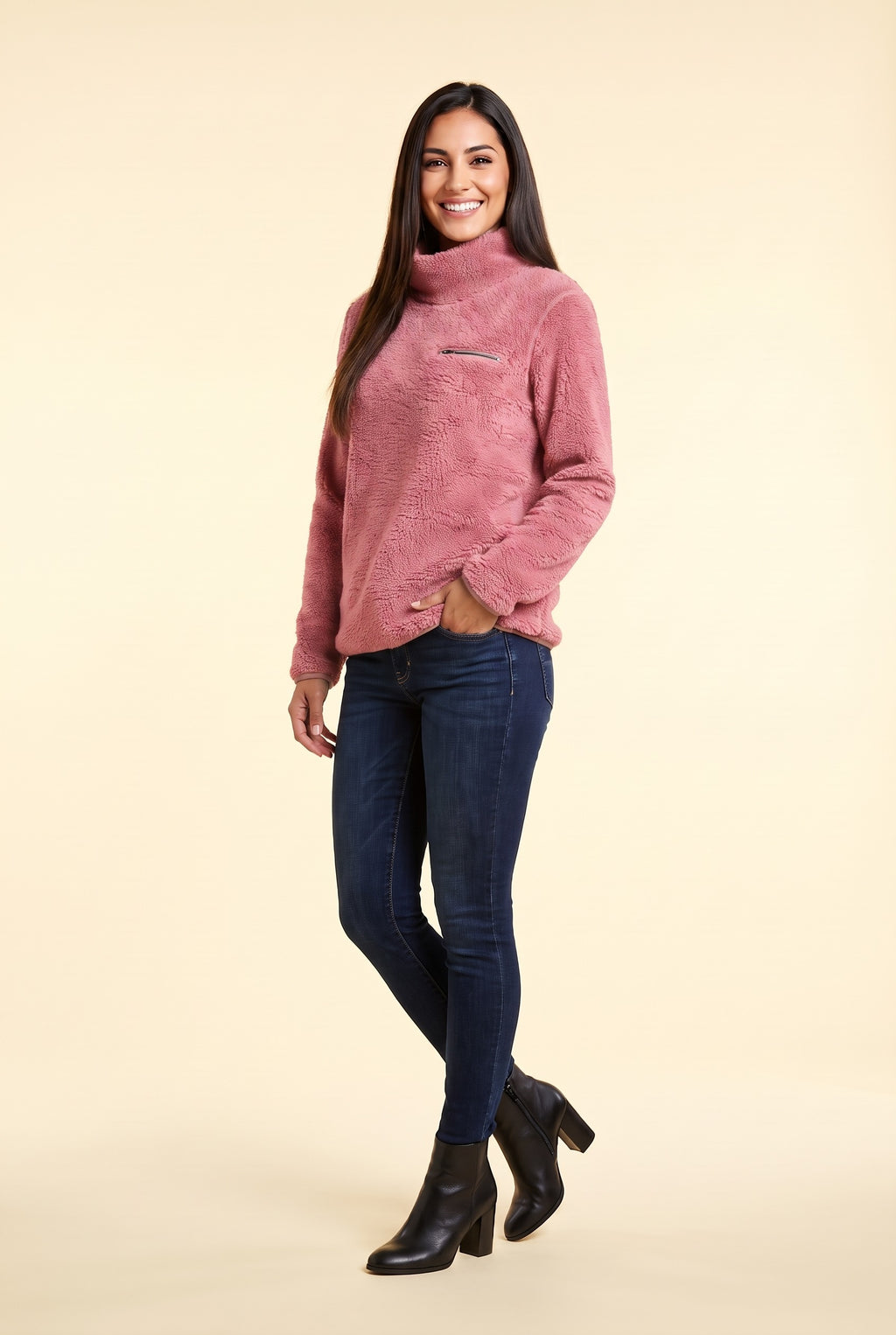 POPPIE Teddy Fleece Funnel Neck Jumper in pink, front